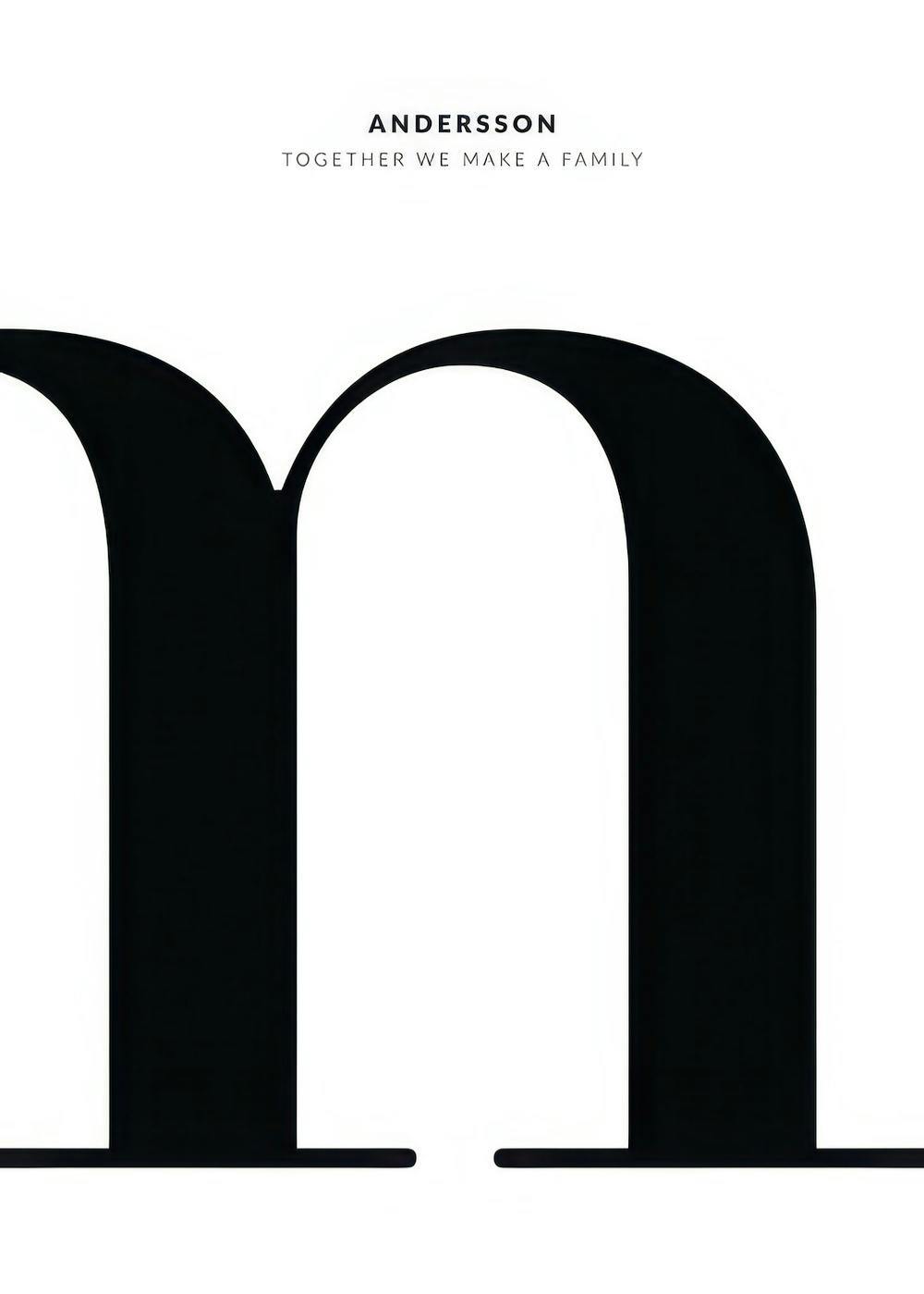 A personalised poster featuring a large black letter n with the text ANDERSSON TOGETHER WE MAKE A FAMILY above it on a white bac
