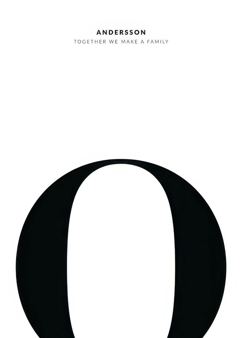 A personalised poster with a large black letter O and text ANDERSSON TOGETHER WE MAKE A FAMILY on a white background.