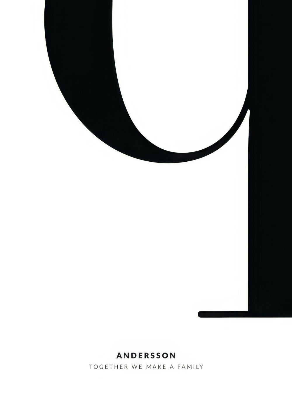 A personalised poster with a large black letter F on a white background, with ANDERSSON and TOGETHER WE MAKE A FAMILY text below
