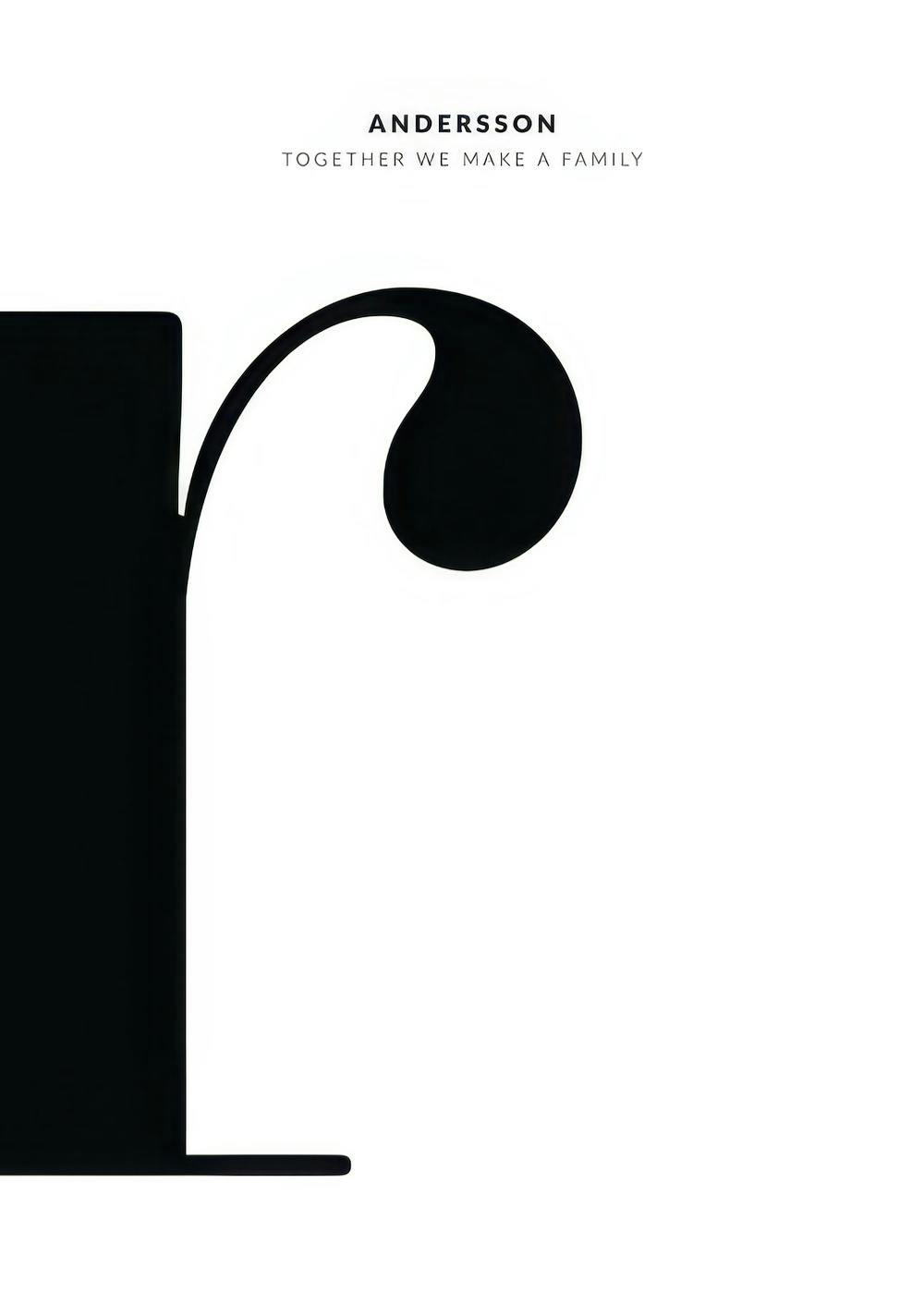 A black and white personalised poster featuring a large, stylized initial r with the text ANDERSSON TOGETHER WE MAKE A FAMILY ab