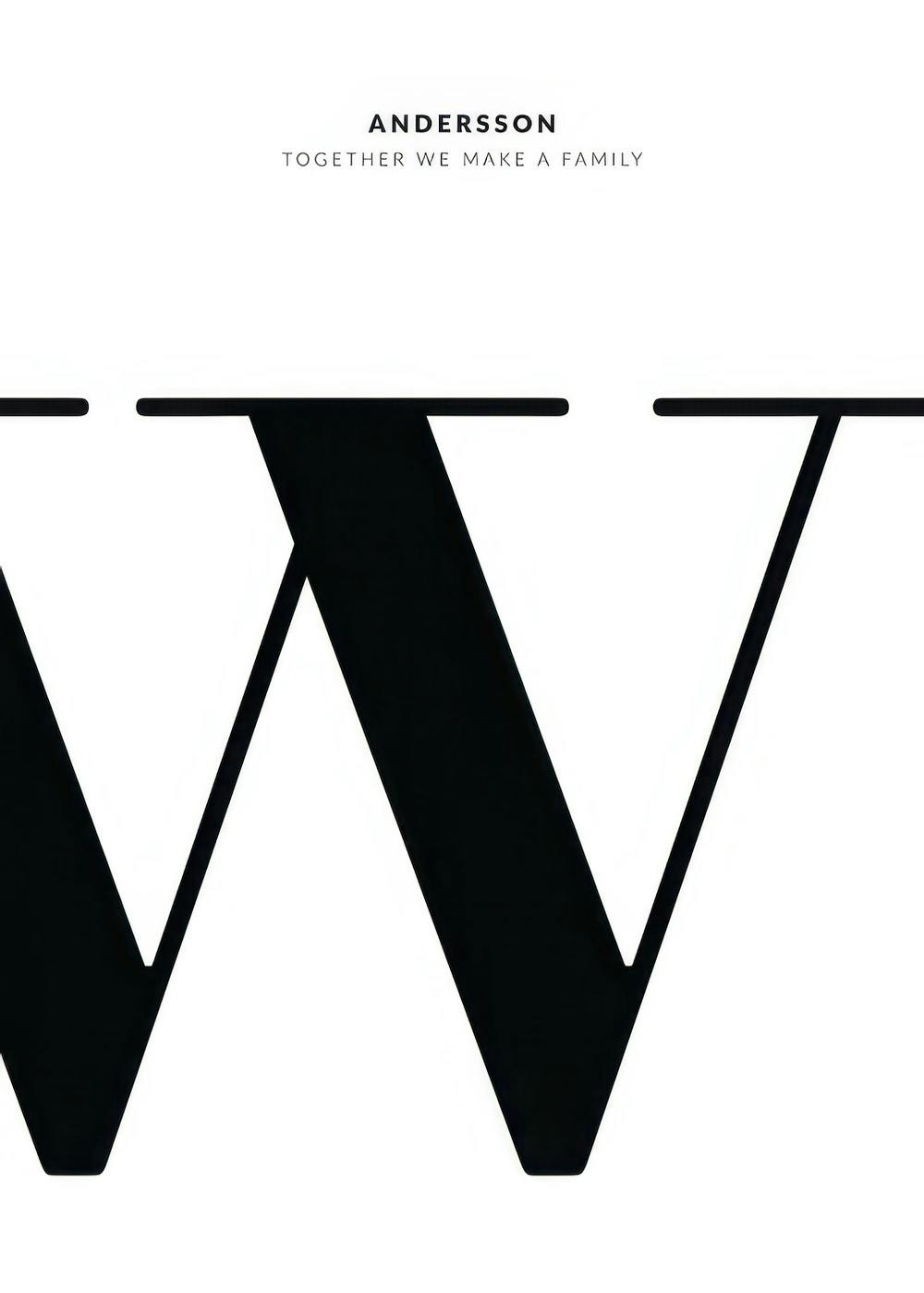 A personalised poster with a black W initial letter, and ANDERSSON and TOGETHER WE MAKE A FAMILY text.