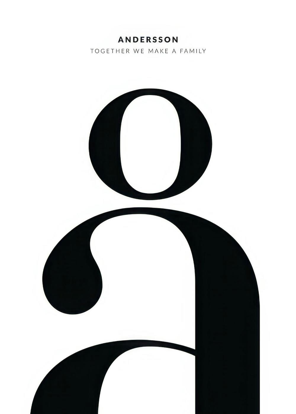 A personalised poster with the word ANDERSSON and TOGETHER WE MAKE A FAMILY above a large black letter a.