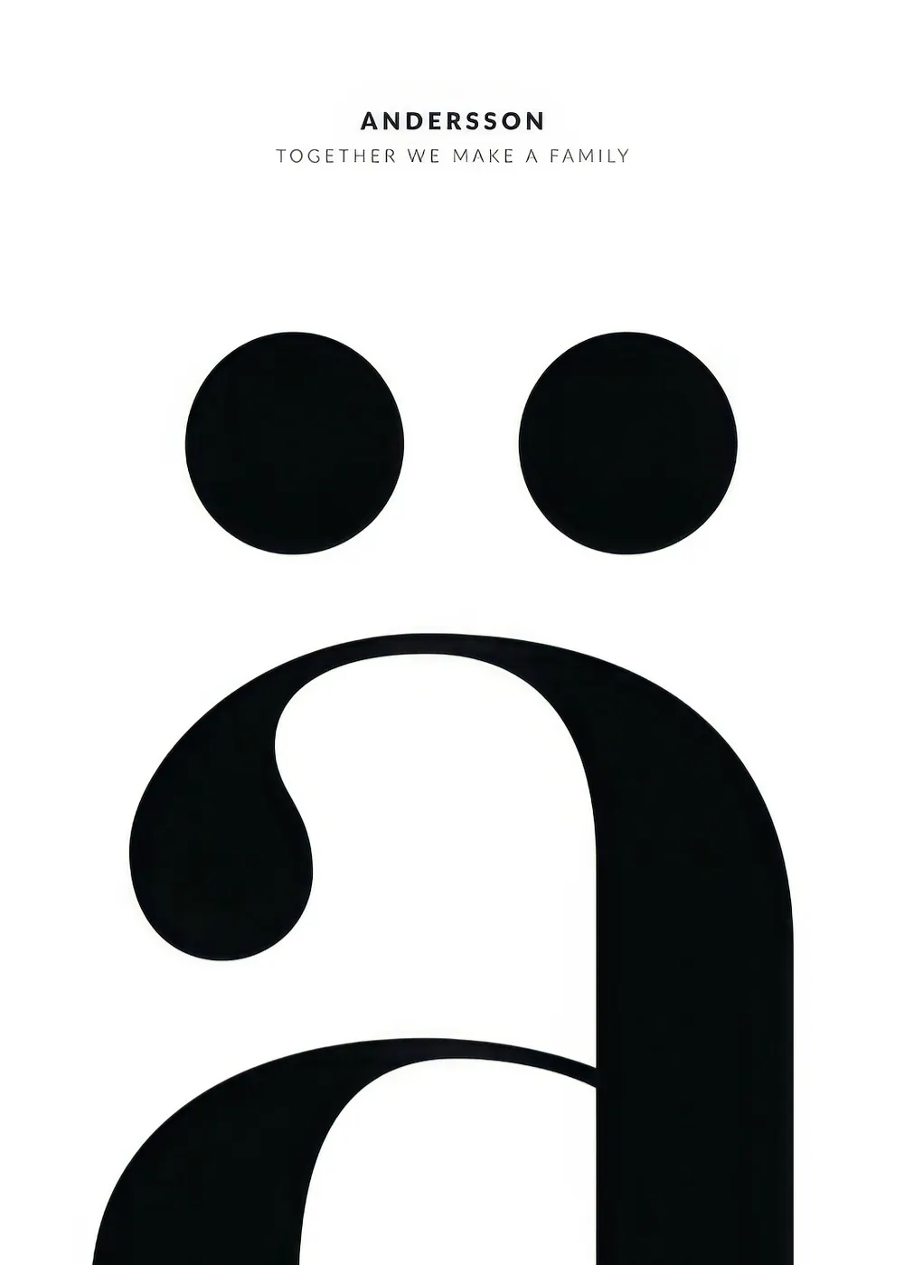 Personalisiertes Poster in Schwarz-Weiß mit zwei schwarzen Kreisen über einem großen stilisierten Buchstaben a.