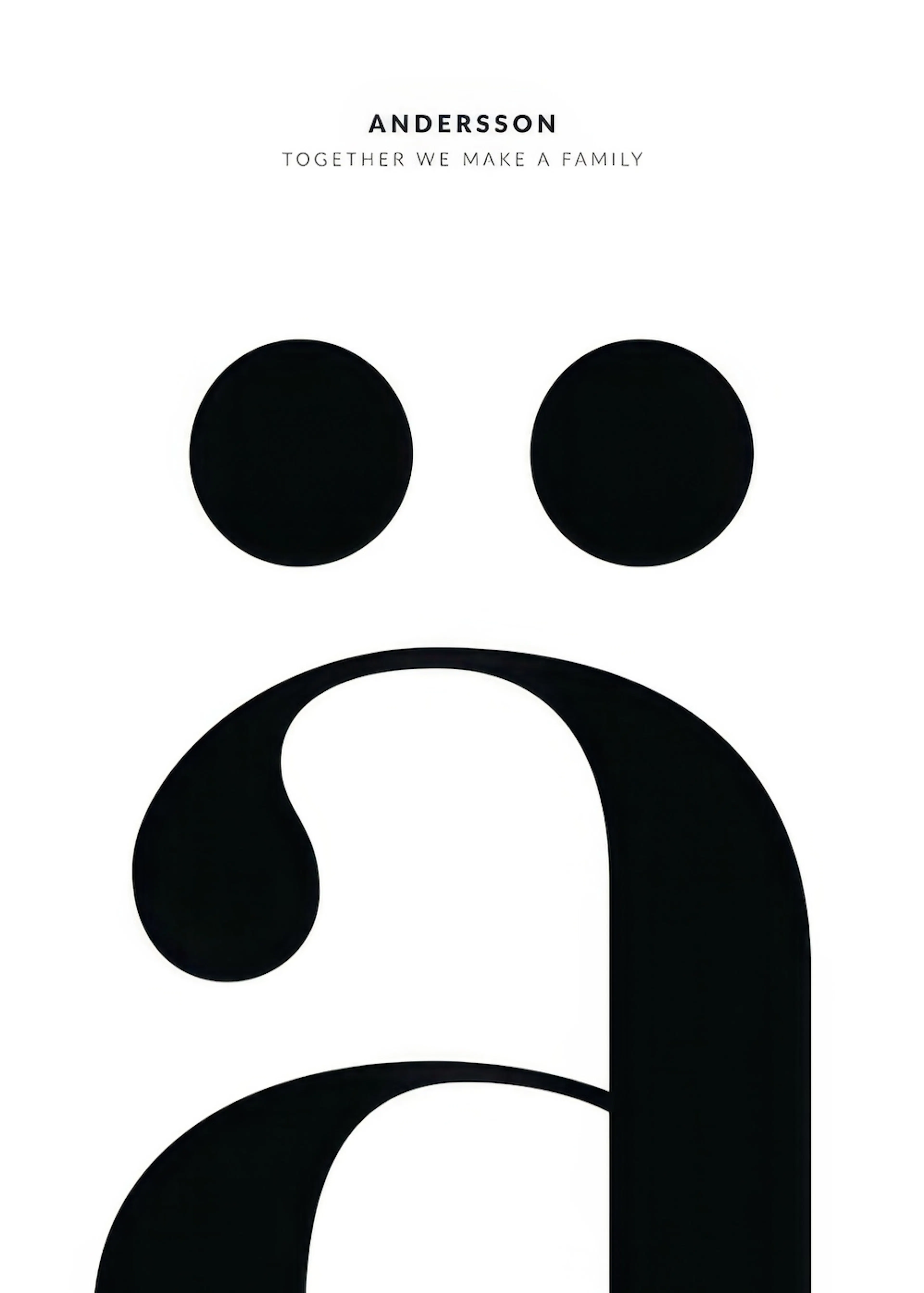 Personalisiertes Poster in Schwarz-Weiß mit zwei schwarzen Kreisen über einem großen stilisierten Buchstaben a.