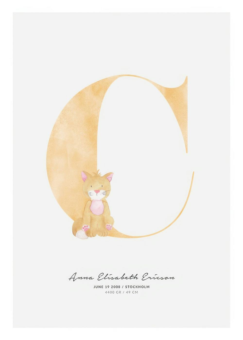 A personalised poster featuring a large watercolor initial C with a cute cat sitting beside it.