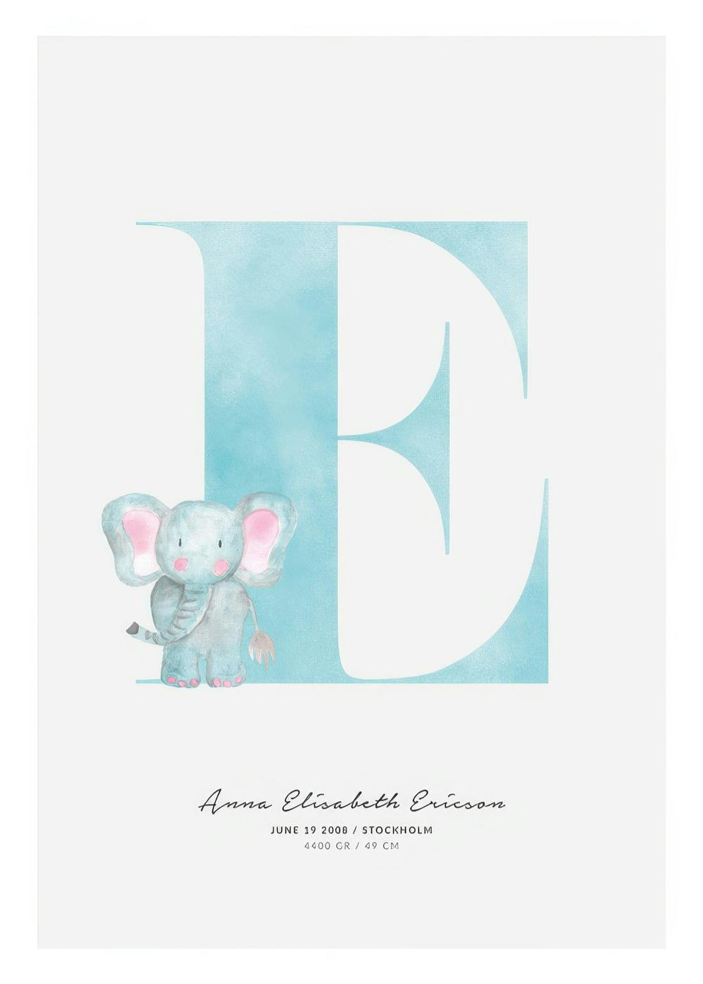 A personalised poster featuring a large blue letter E with a cute baby elephant and custom text below.