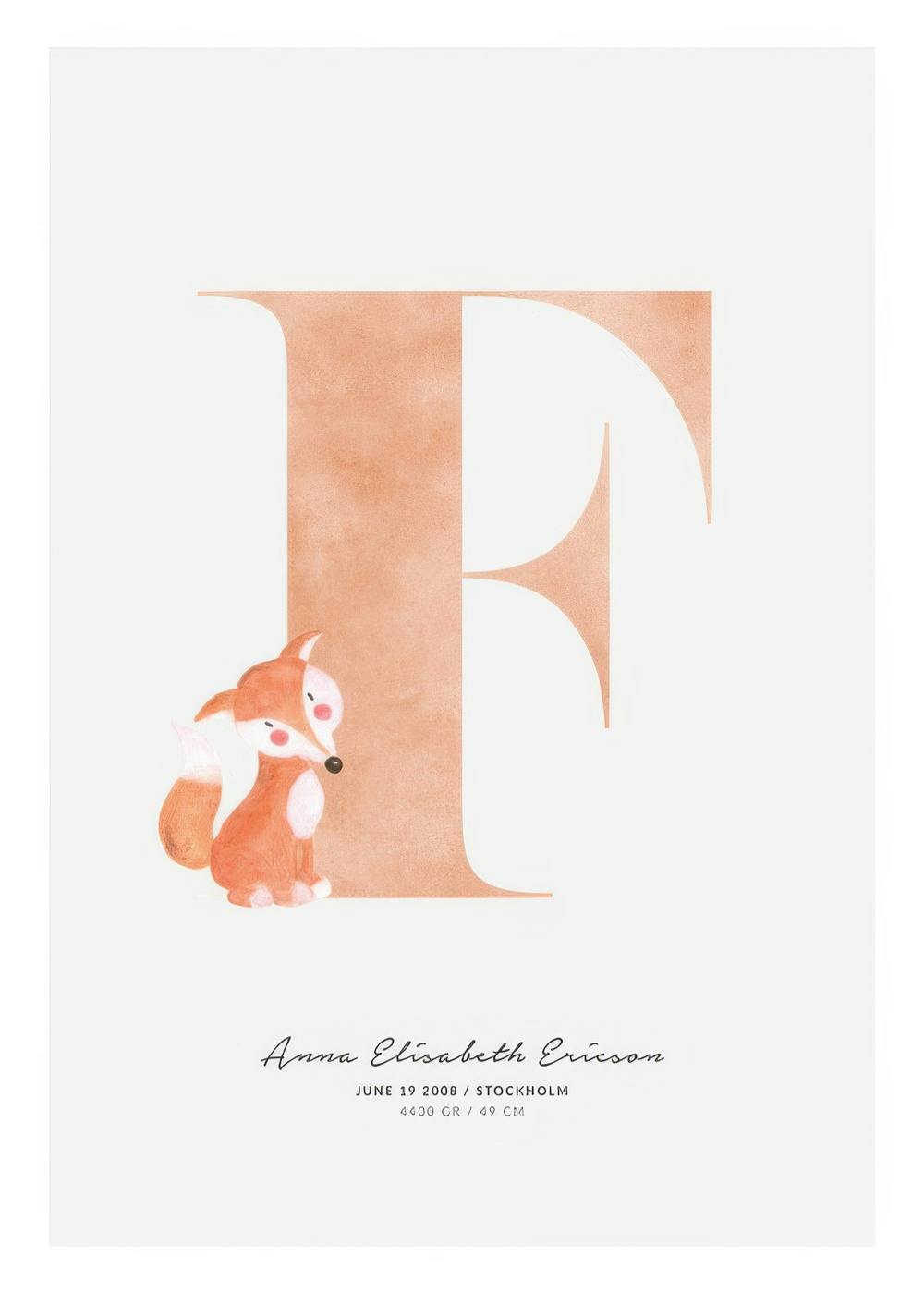A personalised poster featuring a large peach letter F with a cute sitting fox and customizable text below.
