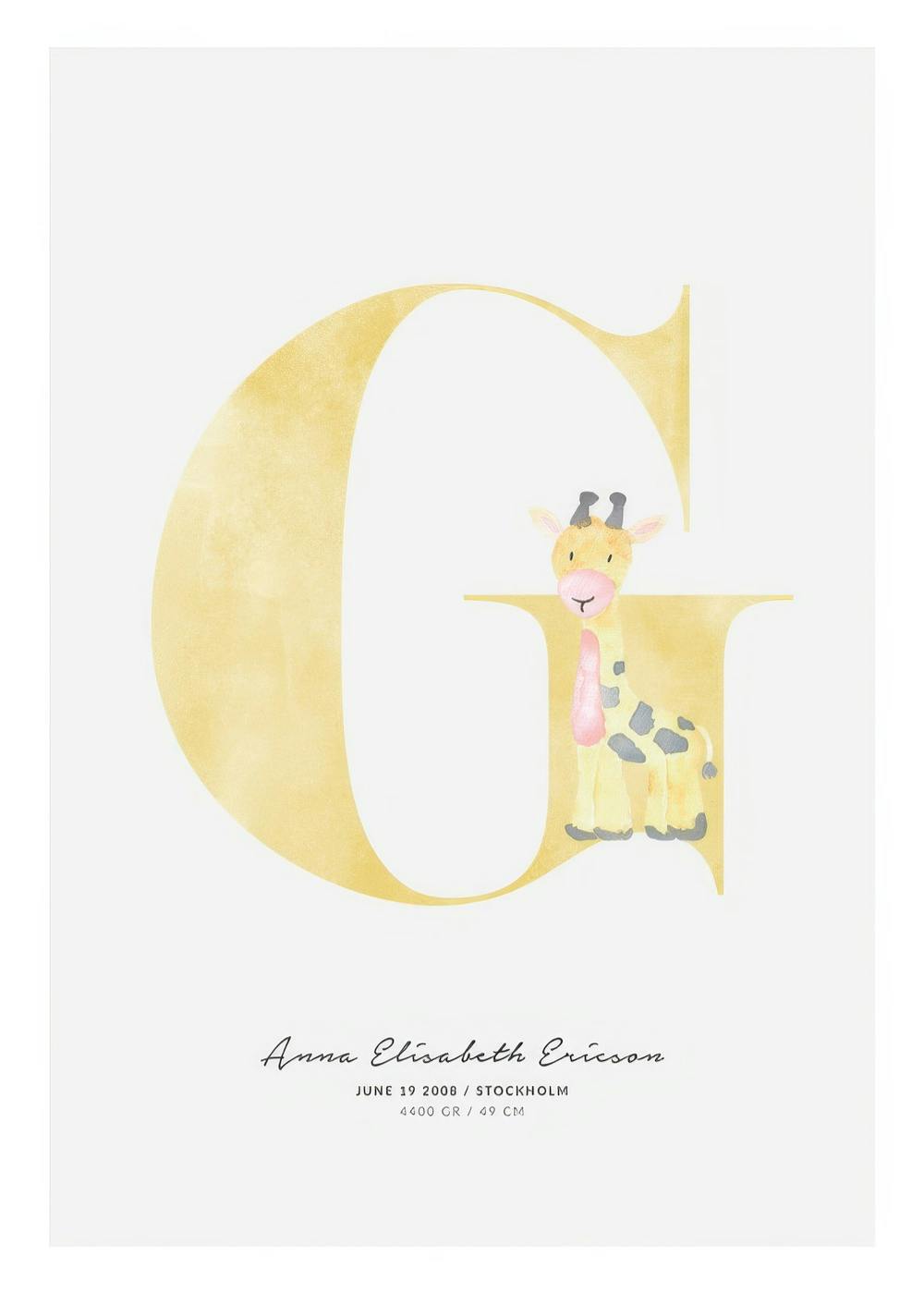 A personalised poster featuring a large gold letter G with a cute baby giraffe illustration and custom text below.