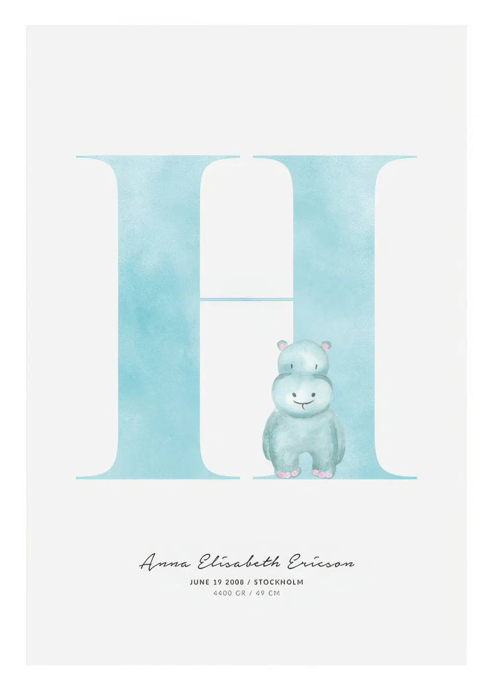 En personlig plakat med en stor lyseblå H, en søt lyseblå flodhest og personalisert tekst.