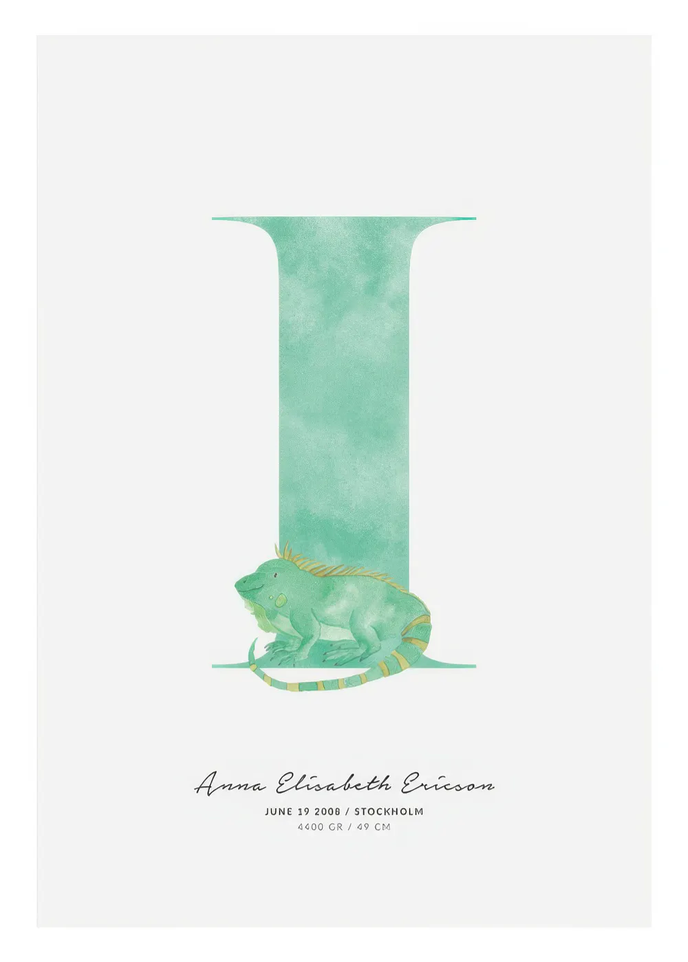 Personalisiertes Poster: Grüner Leguan vor einem großen mintgrünen Buchstaben I mit personalisierbarem Text darunter.