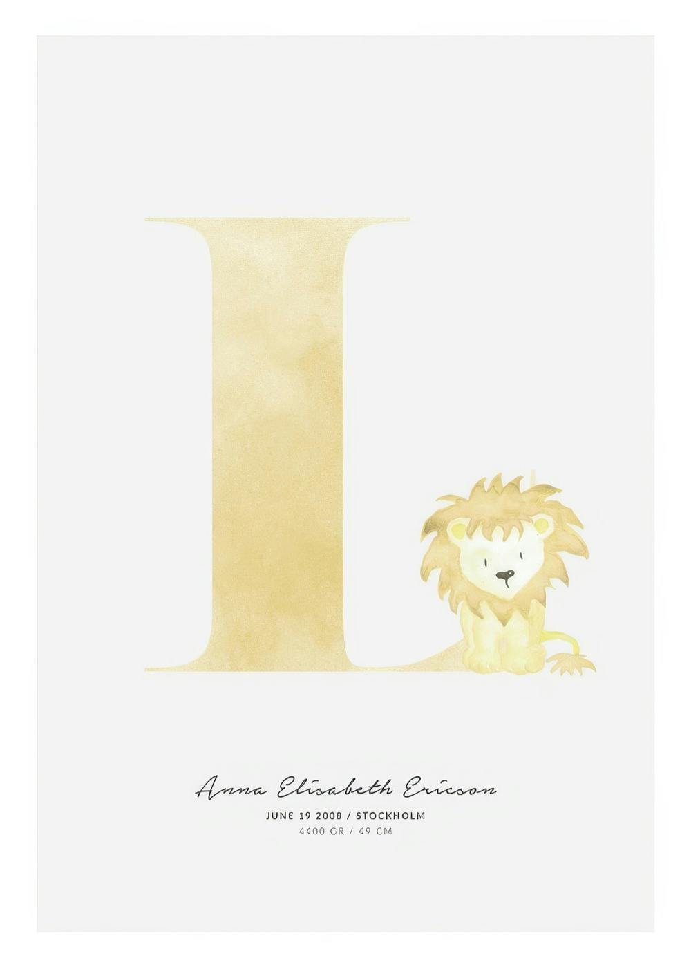 A personalised poster featuring a large golden letter L with a cute watercolor lion cub and customizable text below.