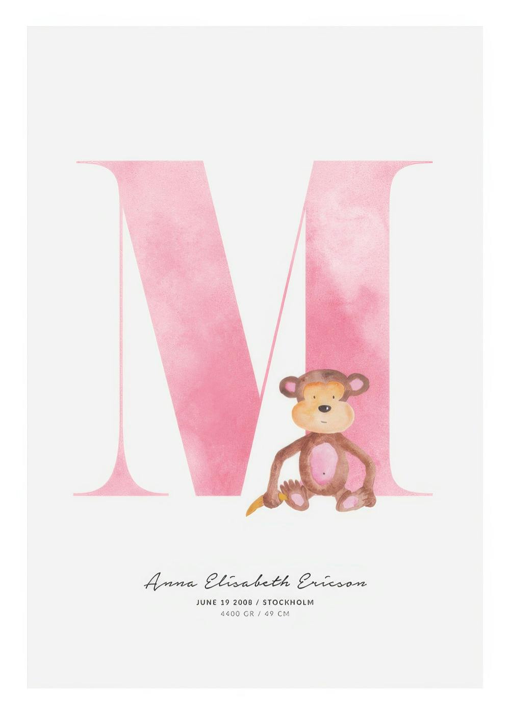 A personalised poster with a large pink letter M, a watercolour monkey holding a banana, and custom text below.