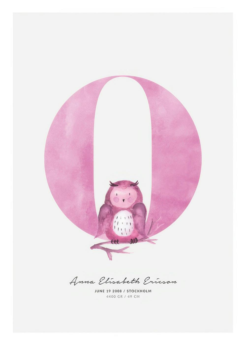 A personalized poster featuring a pink letter O with a cute purple owl perched on a branch in front of it. Custom text in black
