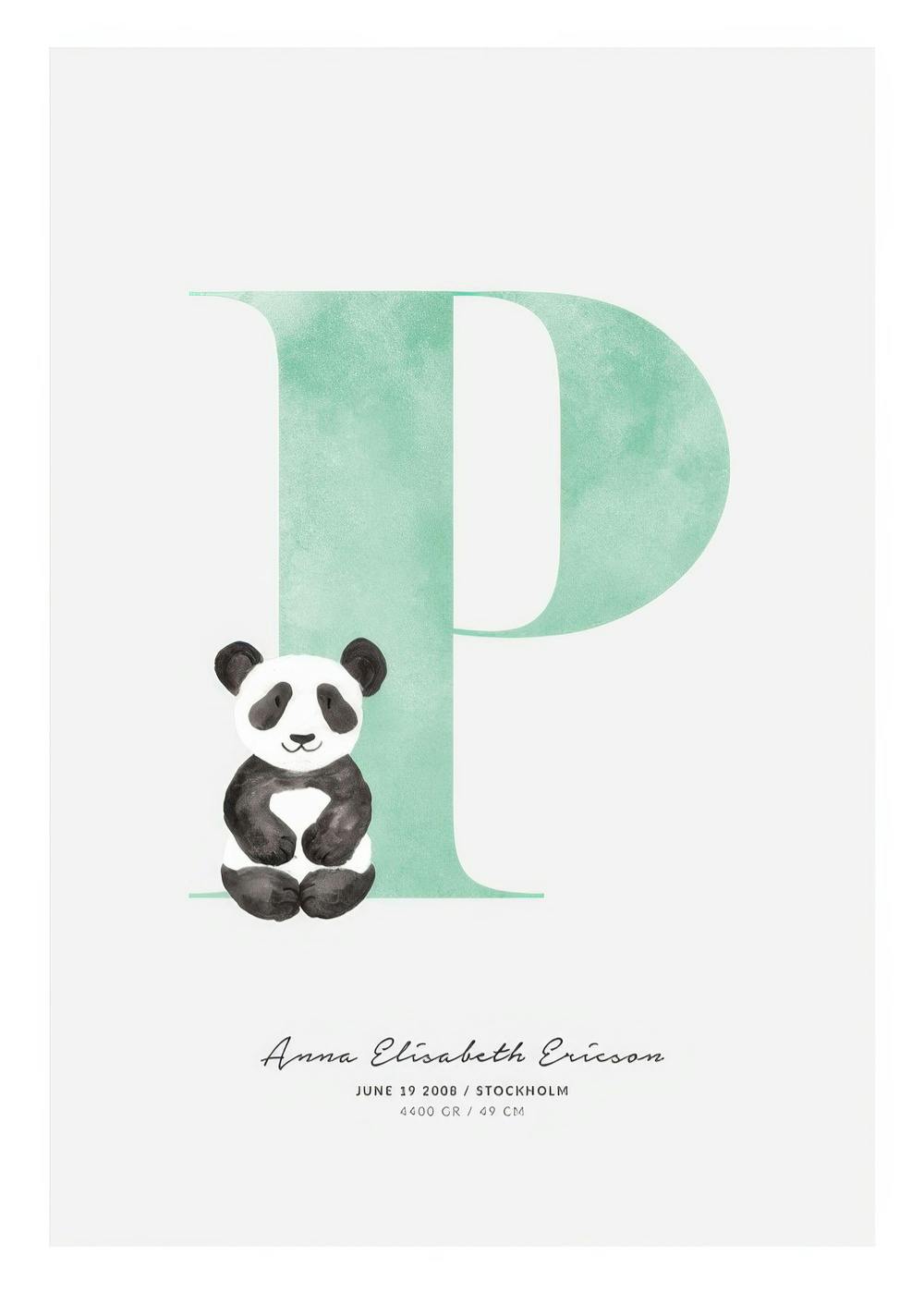A personalized poster featuring a large green letter P with a cute watercolor panda sitting beside it, and customizable text bel