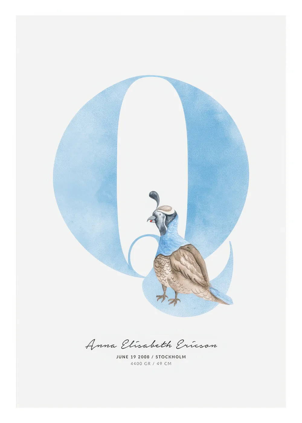 Personalisiertes Poster mit einem blauen Buchstaben Q und einem Vogel, darunter Name und Geburtsdaten.