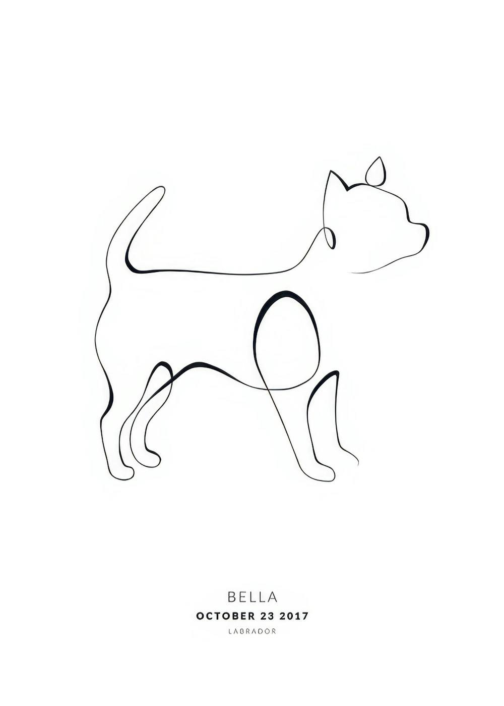 Póster personalizado con el contorno de un perro en una sola línea negra sobre fondo blanco, con texto personalizable.
