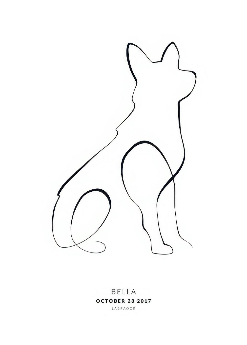 En personlig plakat med en sort, ubrudt stregtegning af en siddende hund og tilpasset tekst.