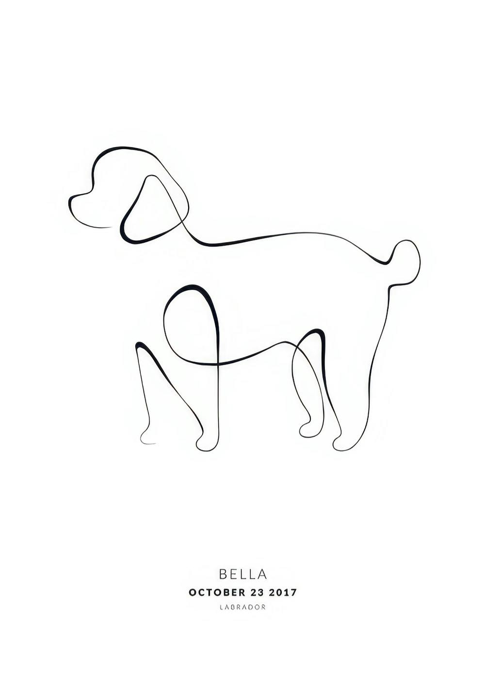 Un póster personalizado con un dibujo minimalista de un labrador hecho con una sola línea continua, y texto personalizable debaj