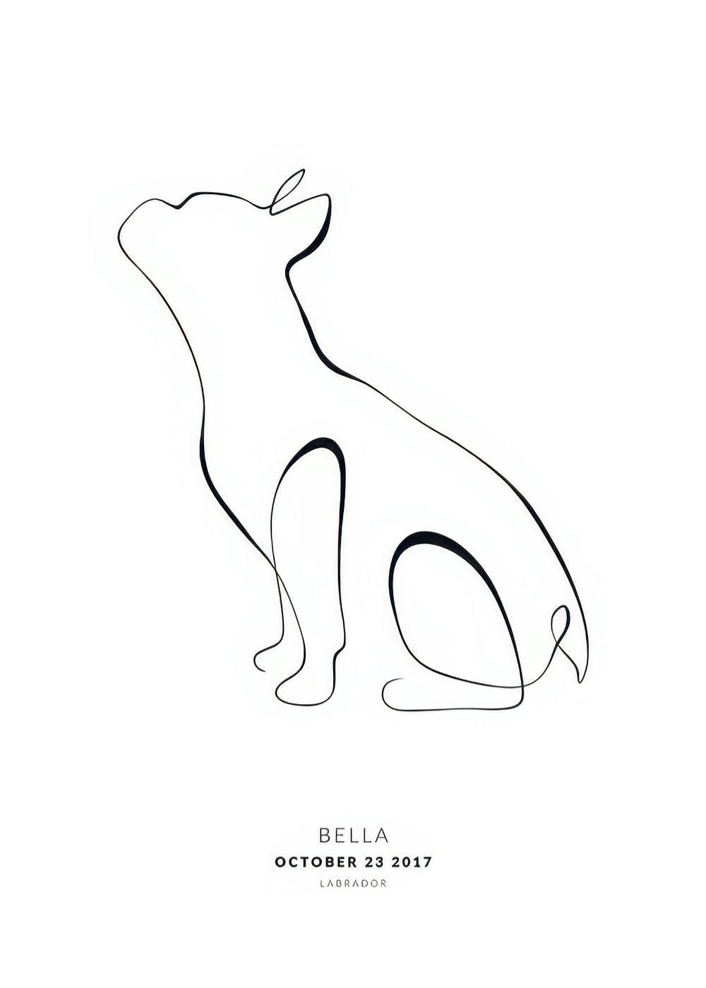 Póster personalizado con una ilustración de perro labrador en estilo de una sola línea negra sobre fondo blanco, con nombre y fe