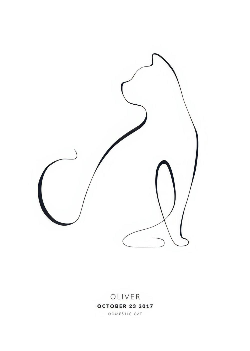 A personalised poster featuring a minimalist black outline of a sitting cat with customizable text below.