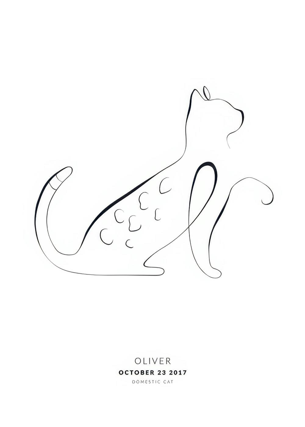 Póster personalizado con el contorno minimalista de un gato y texto personalizable debajo.