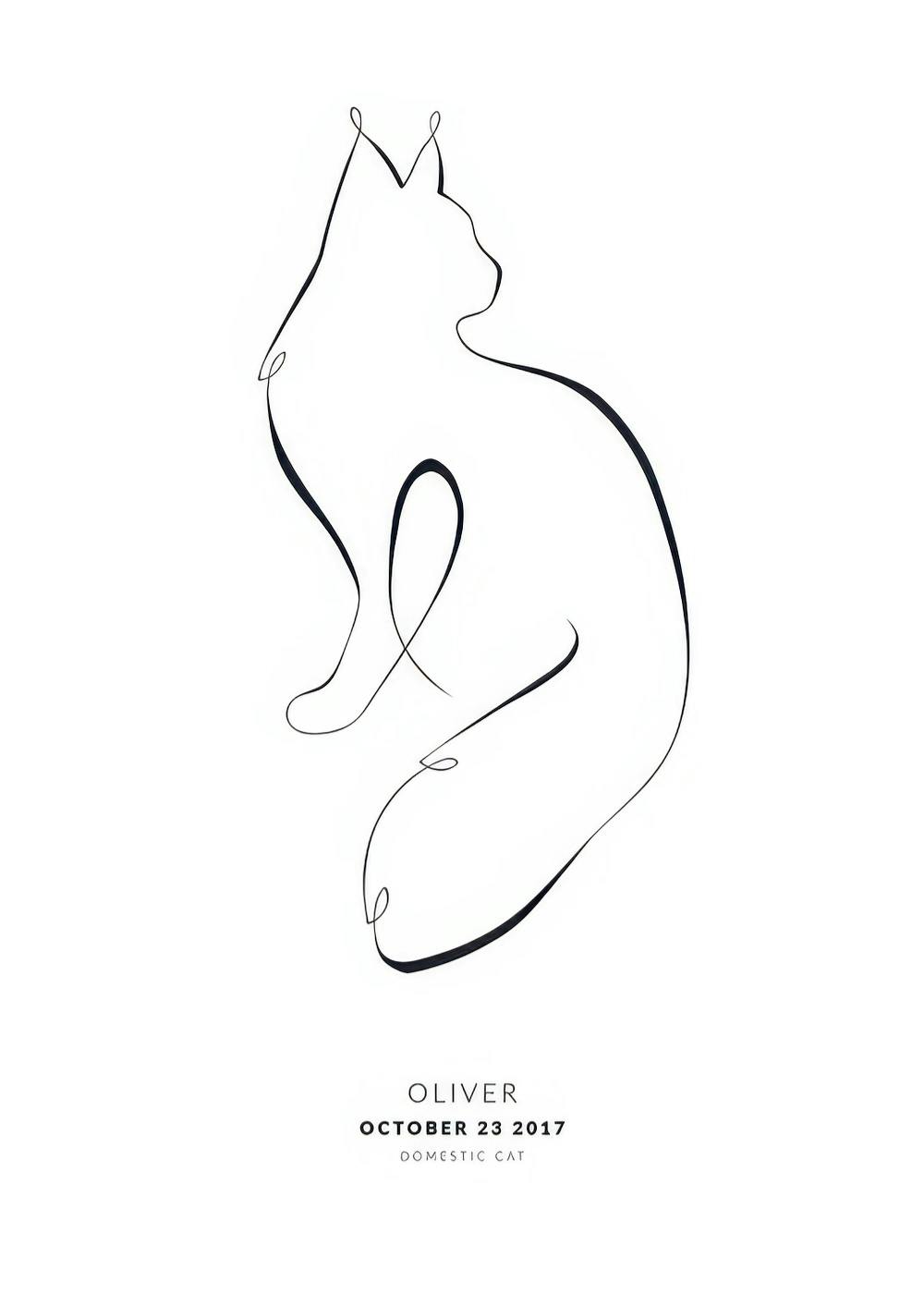 Un póster personalizado con un gato de una sola línea negra sobre fondo blanco, con texto personalizable.