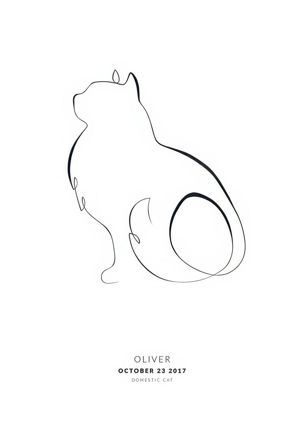Een gepersonaliseerde poster met een minimalistische lijntekening van een zittende kat en aanpasbare tekst eronder.