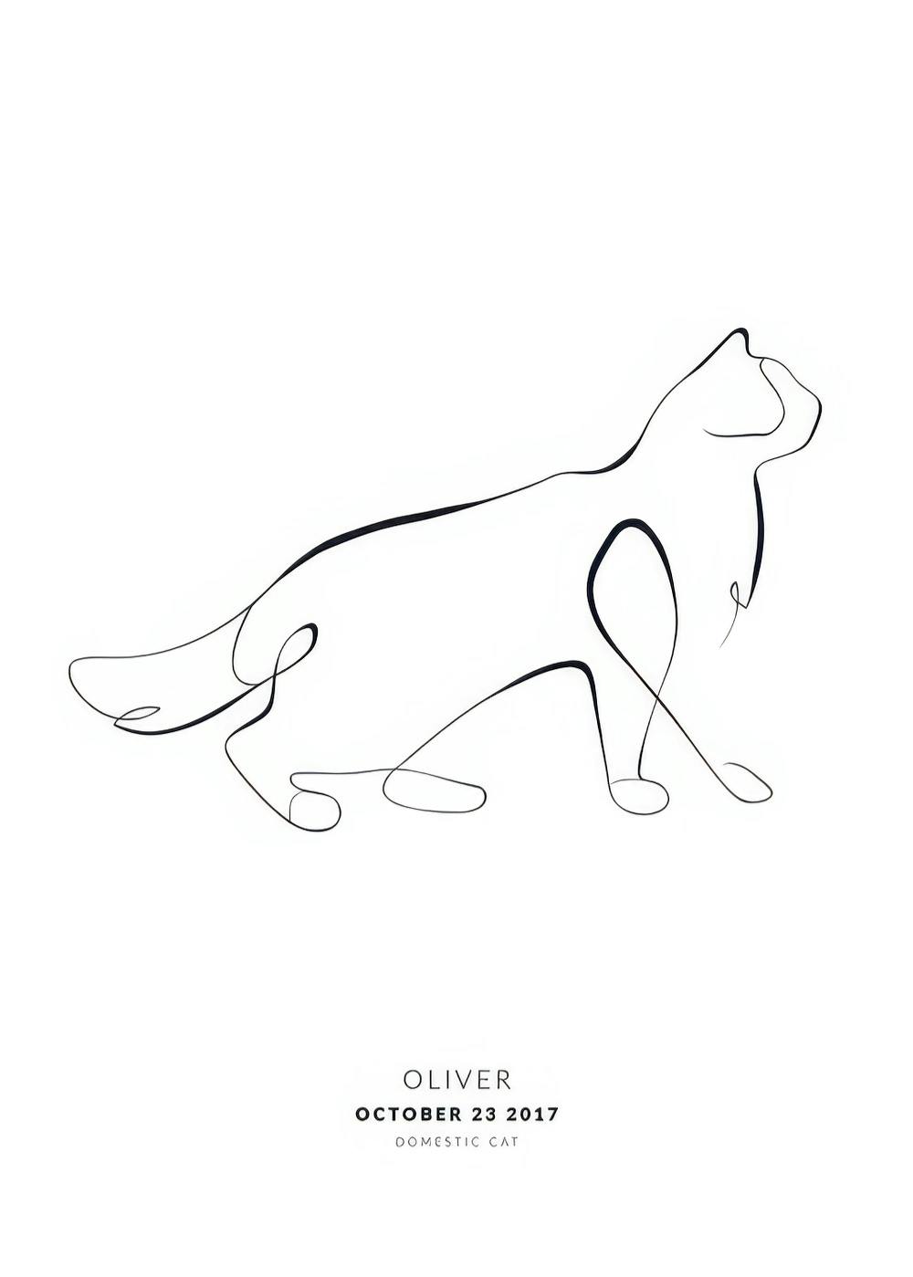 Póster personalizado con ilustración de un gato en una sola línea negra sobre fondo blanco, con texto personalizable.