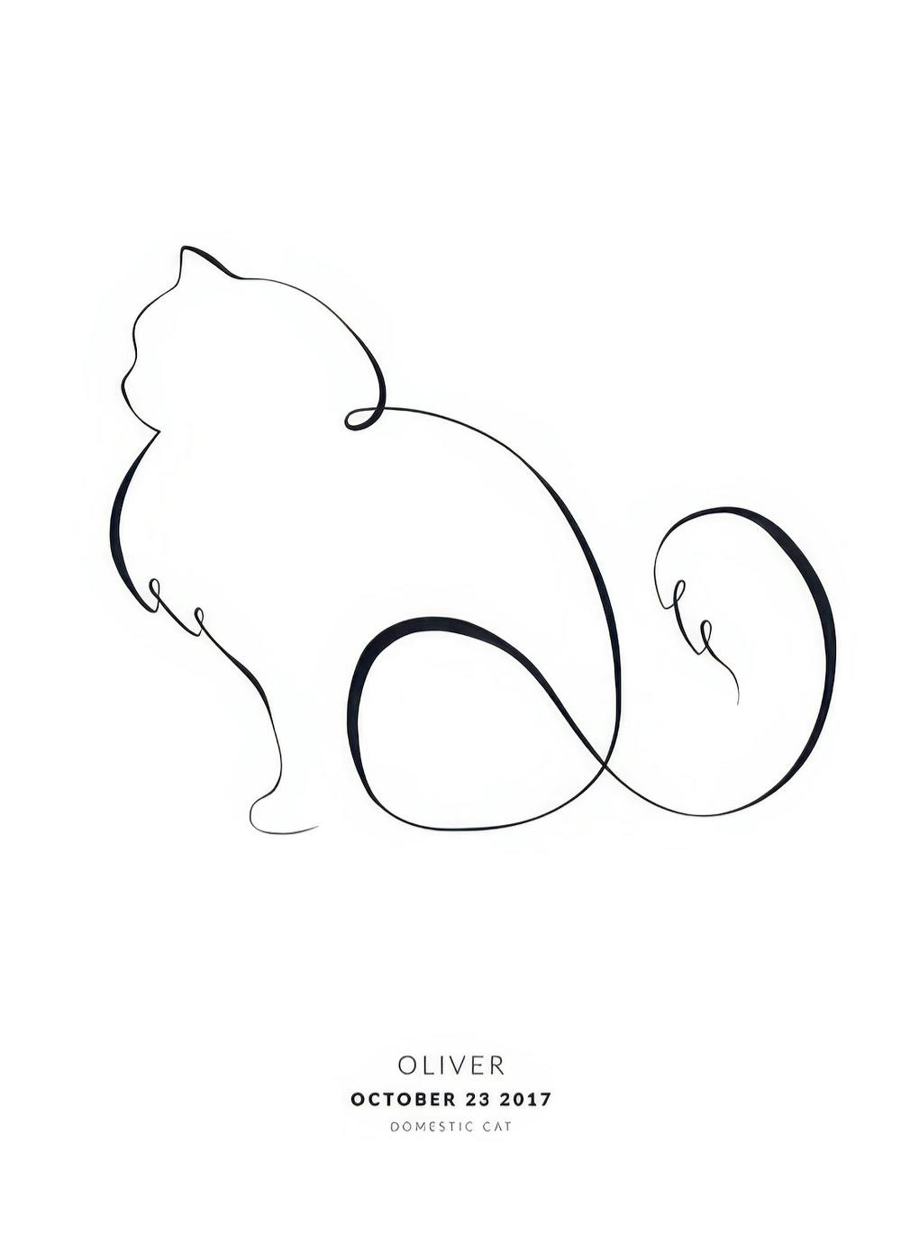 Póster personalizado con el contorno minimalista de un gato sentado, con nombre y fecha en la parte inferior.