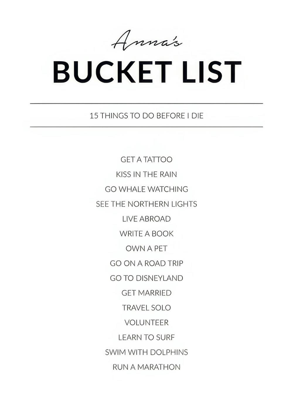 Ein personalisiertes Poster mit dem Titel Annas BUCKET LIST in Schwarz auf Weiß, darunter 15 Lebensziele.