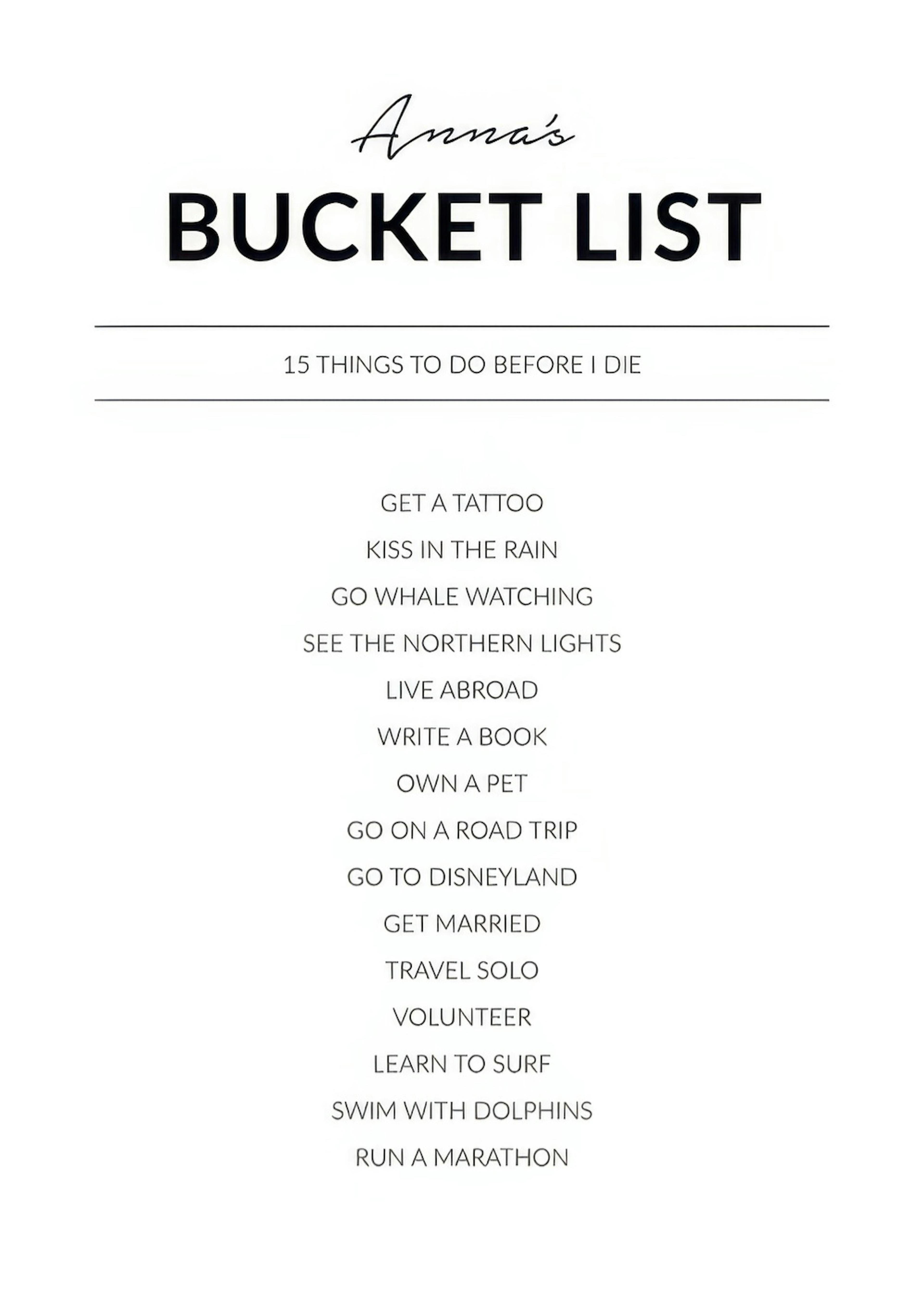 Póster personalizado de lista de deseos con el título Annas BUCKET LIST, 15 actividades y líneas horizontales en blanco y negro.