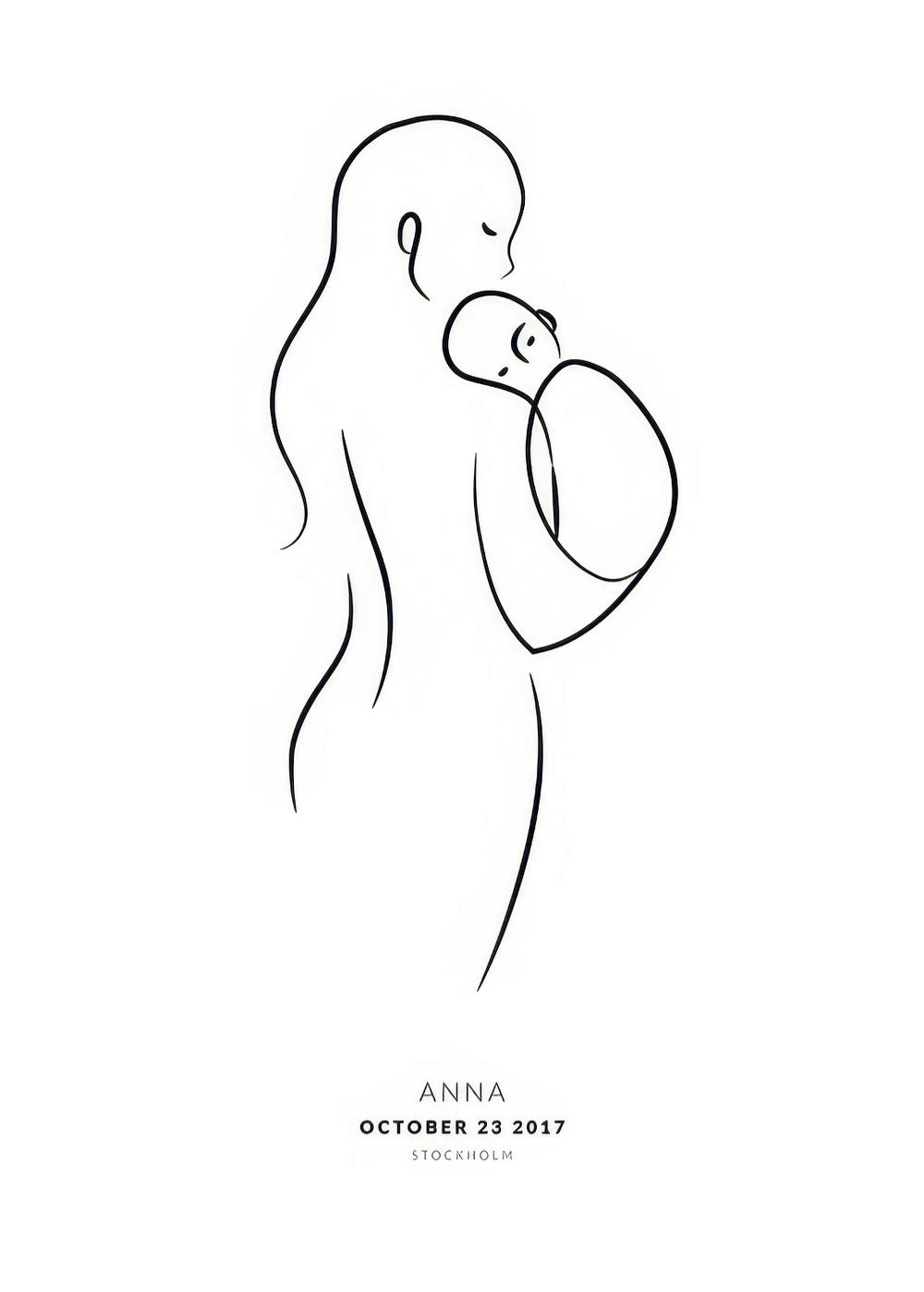 Ein personalisiertes Poster mit einer minimalistischen Strichzeichnung einer Mutter, die ein Baby liebevoll im Arm hält.