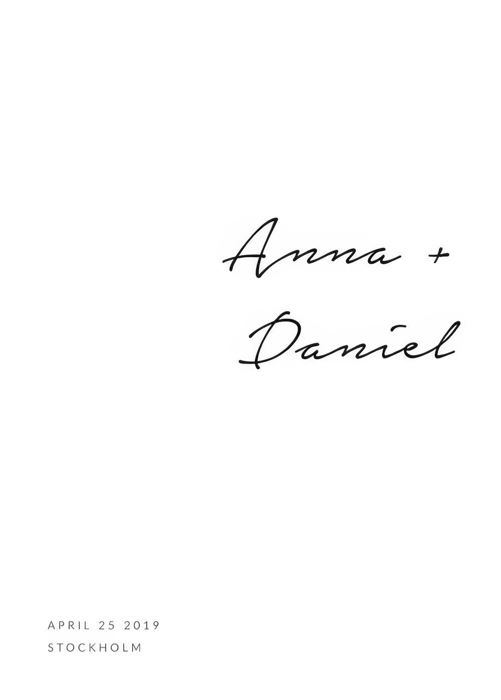 Plakat personalizowany z imionami Anna i Daniel oraz datą April 25 2019 i nazwą miasta Stockholm, w czarnej czcionce na białym t