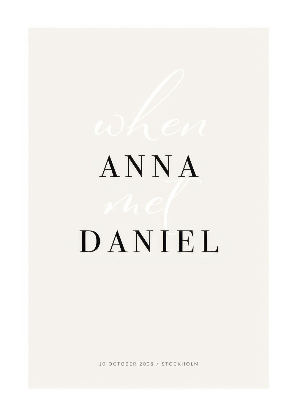Plakat personalizowany z napisem When Anna met Daniel i datą 10 October 2008 / Stockholm na jasnym tle.
