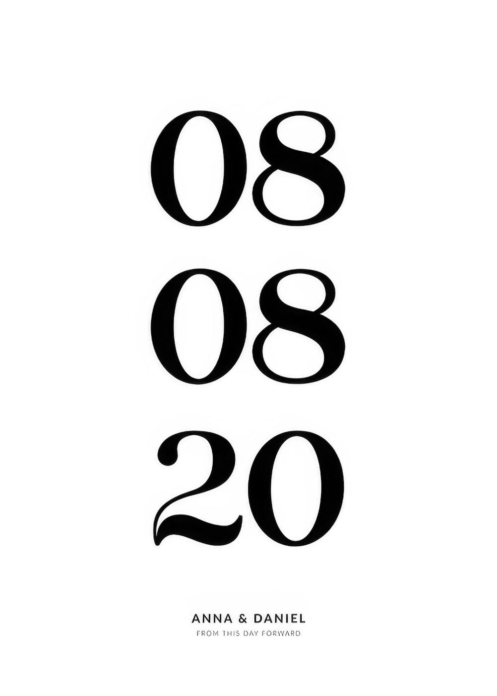 A personalised poster with bold black numbers 08 08 20 on a white background, with smaller text ANNA & DANIEL FROM THIS DAY FORW