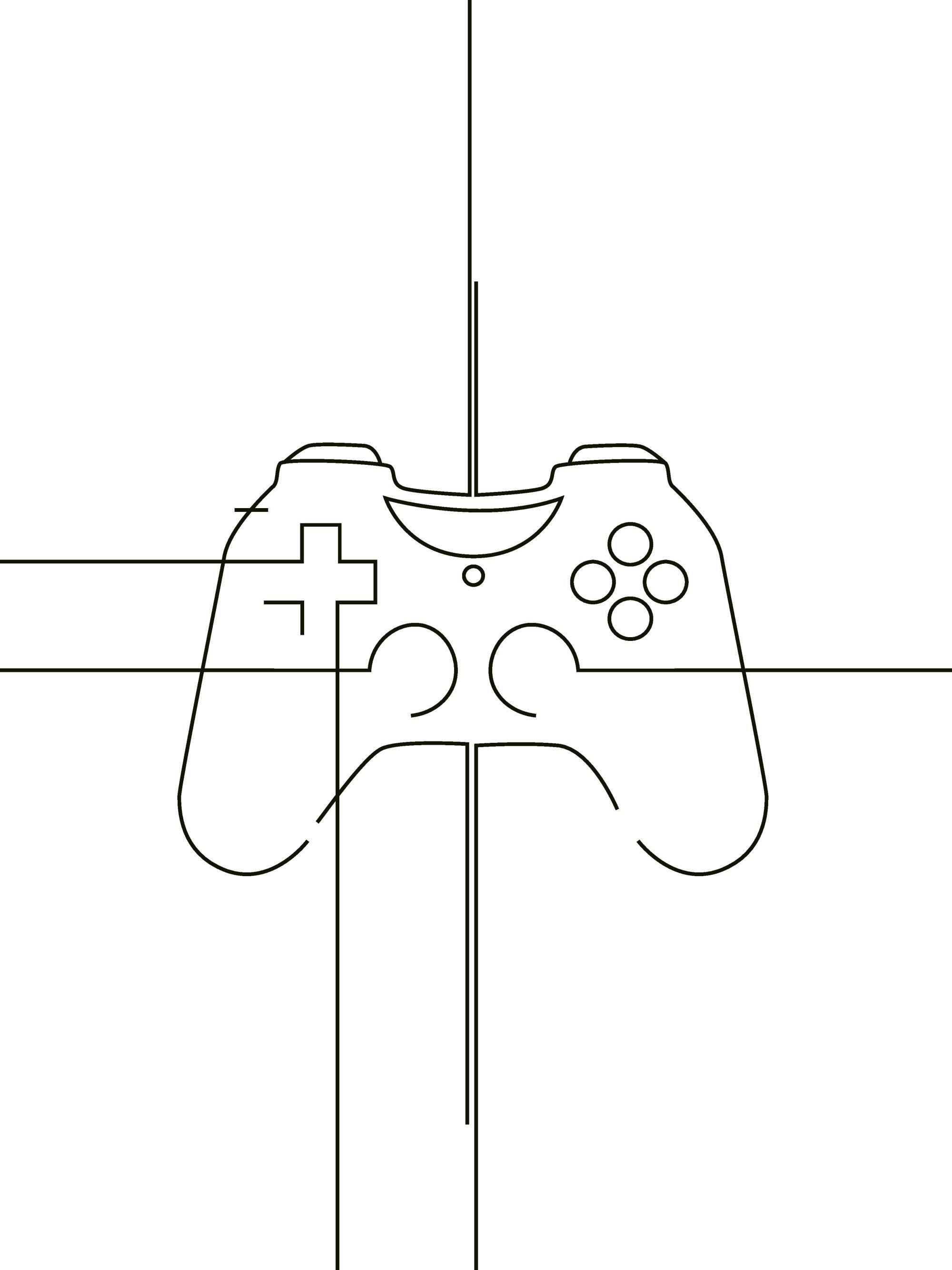 Poster eines modernen Gamecontrollers als schwarze Umrisslinie auf weißem Hintergrund.