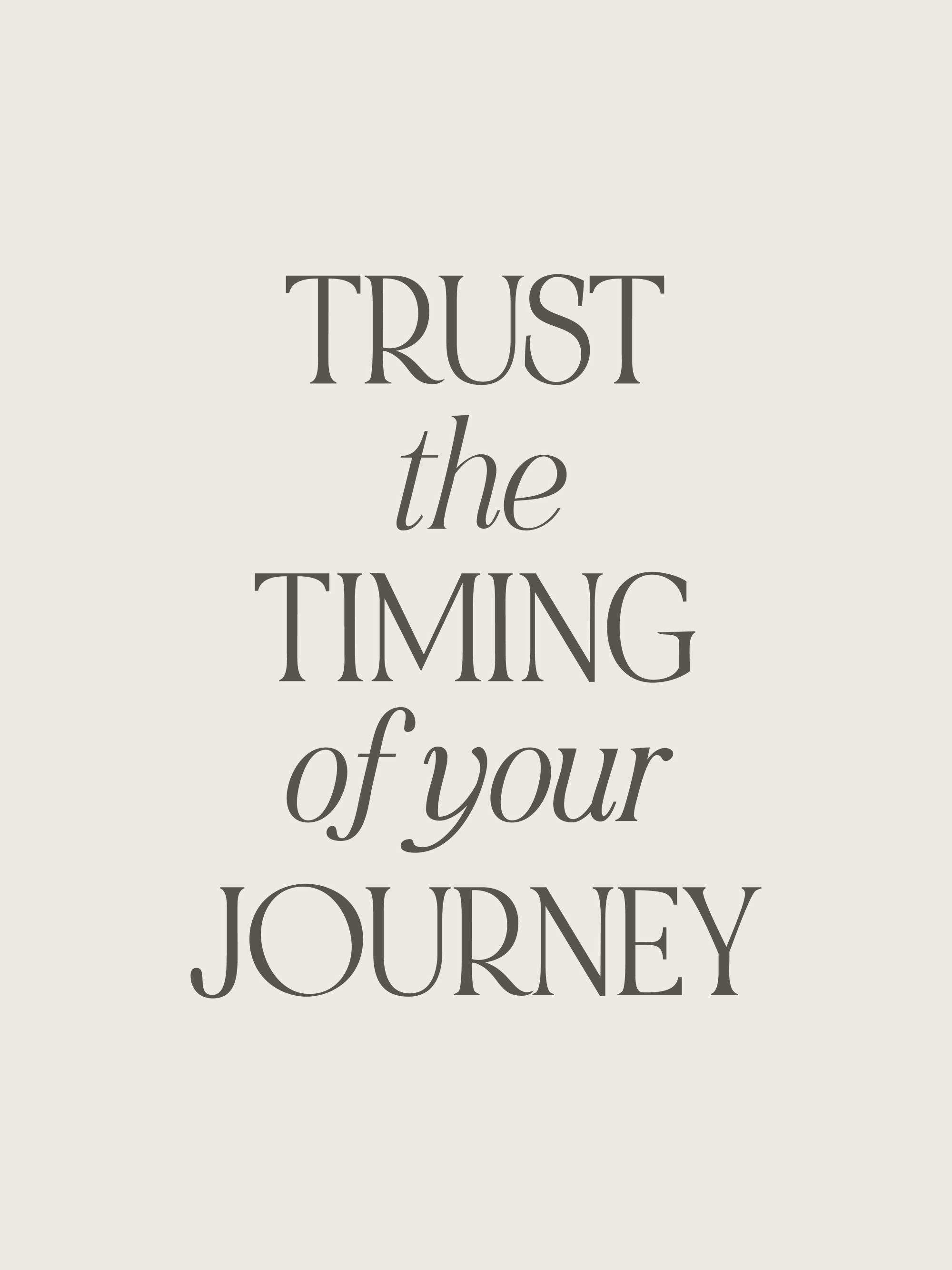 A poster featuring the inspirational quote TRUST the TIMING of your JOURNEY in dark gray serif fonts on a light beige background