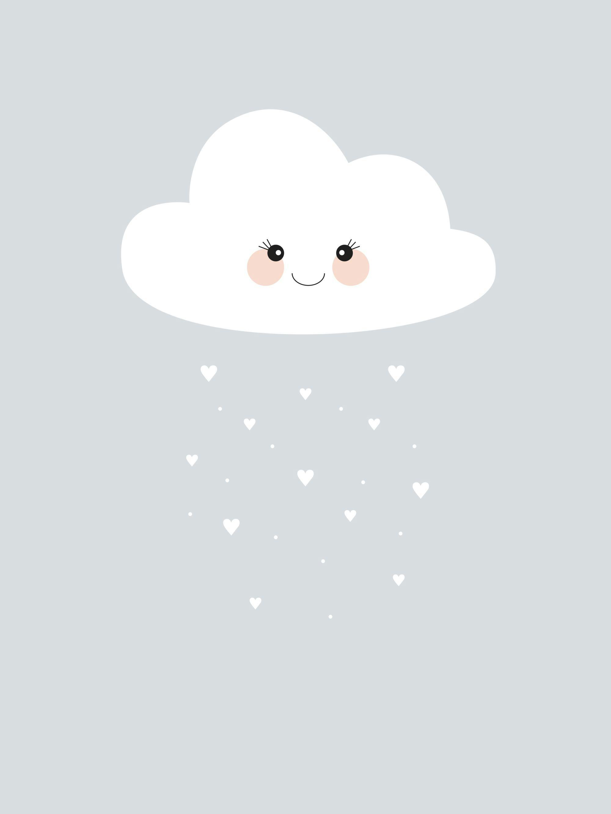 Poster con nuvola bianca sorridente e pioggia di cuori su sfondo grigio chiaro, stile fumetto.
