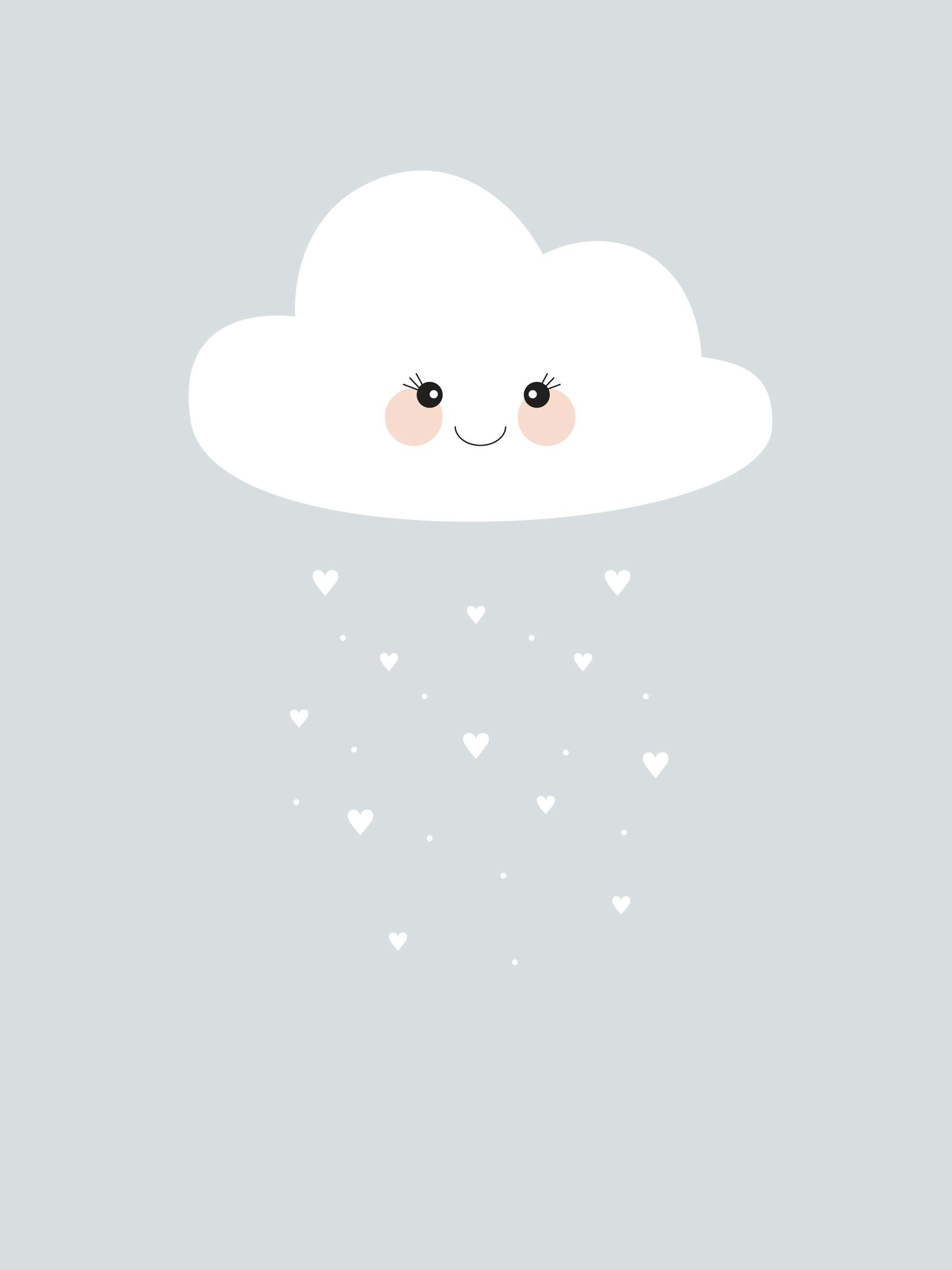 Poster: Eine süße weiße Wolke mit Augen und Mund, aus der kleine weiße Herzen auf hellgrauem Hintergrund regnen.