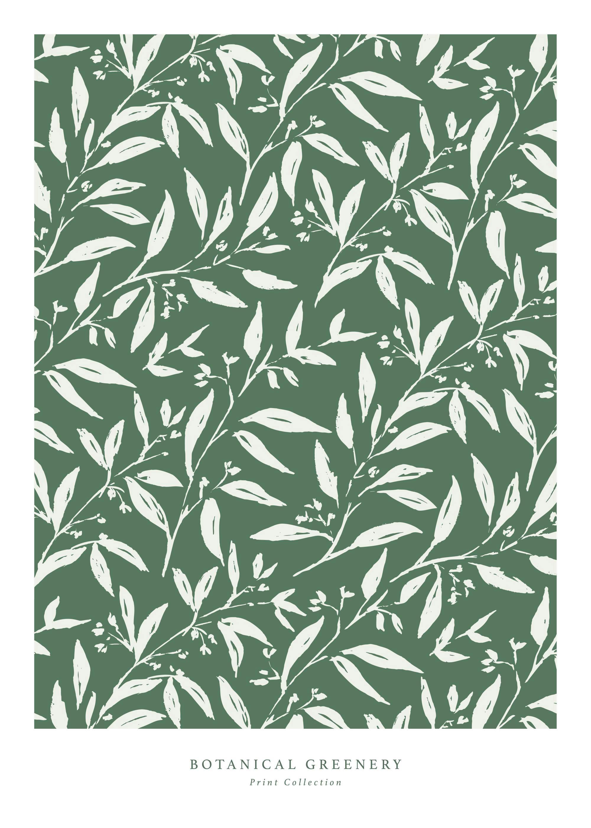 A poster featuring a dense pattern of white botanical branches and leaves on a dark green background.