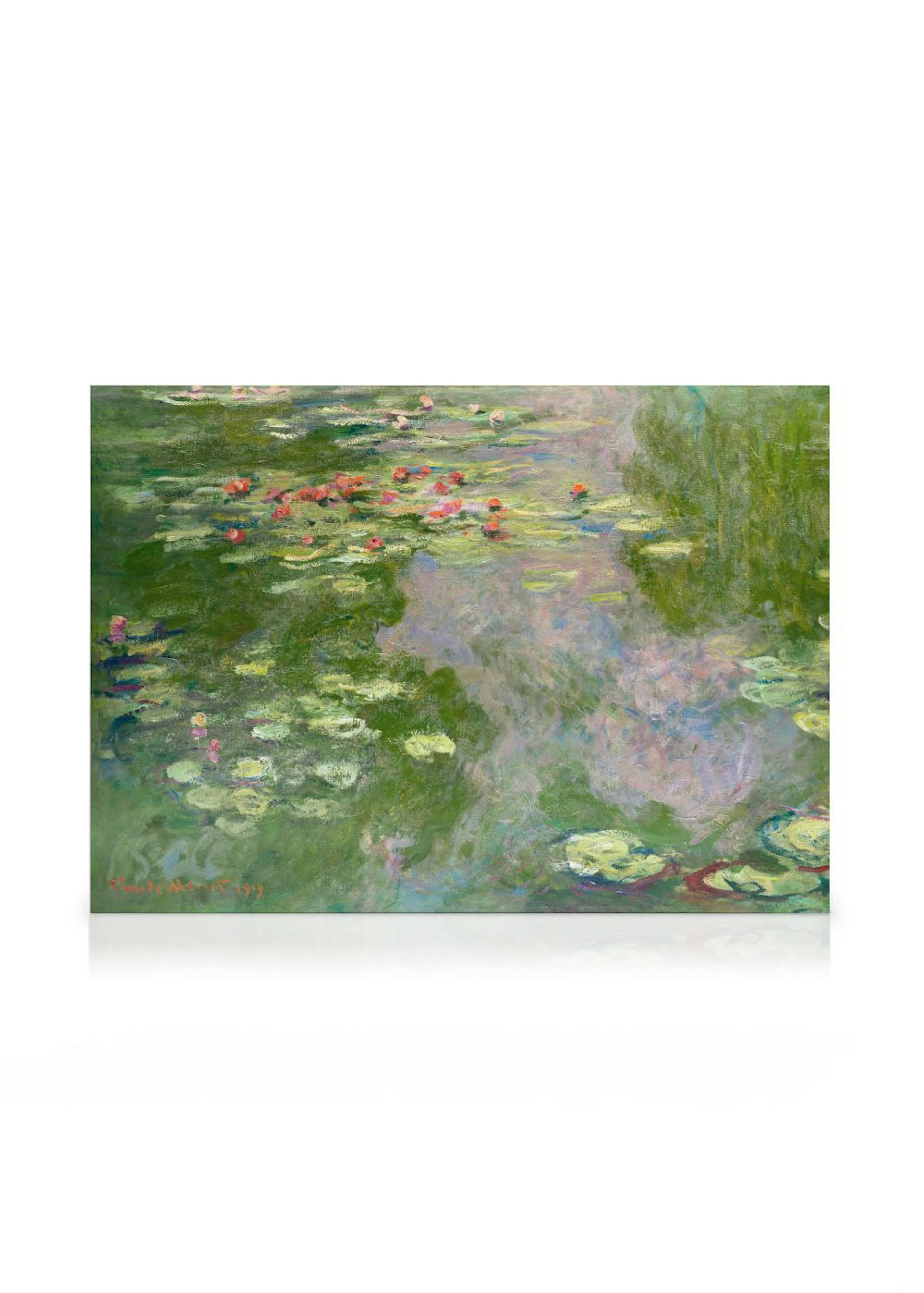 Leinwandbild von Monets Seerosen, mit vielen grünen Blättern und einigen rosa Blüten auf dem Wasser.
