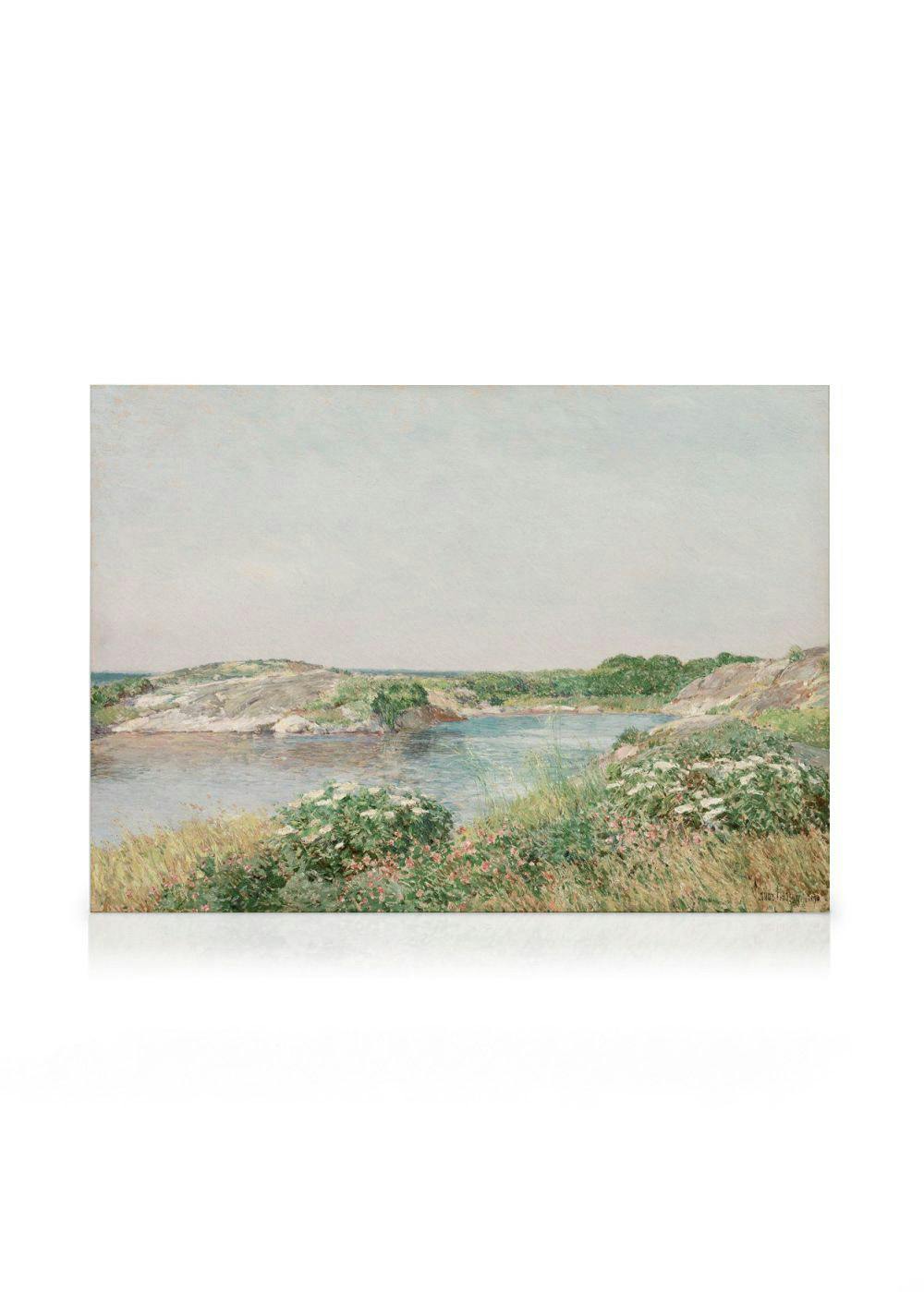 Obraz na płótnie przedstawia malowniczy pejzaż z jeziorem, zieloną trawą i skalistym wybrzeżem.