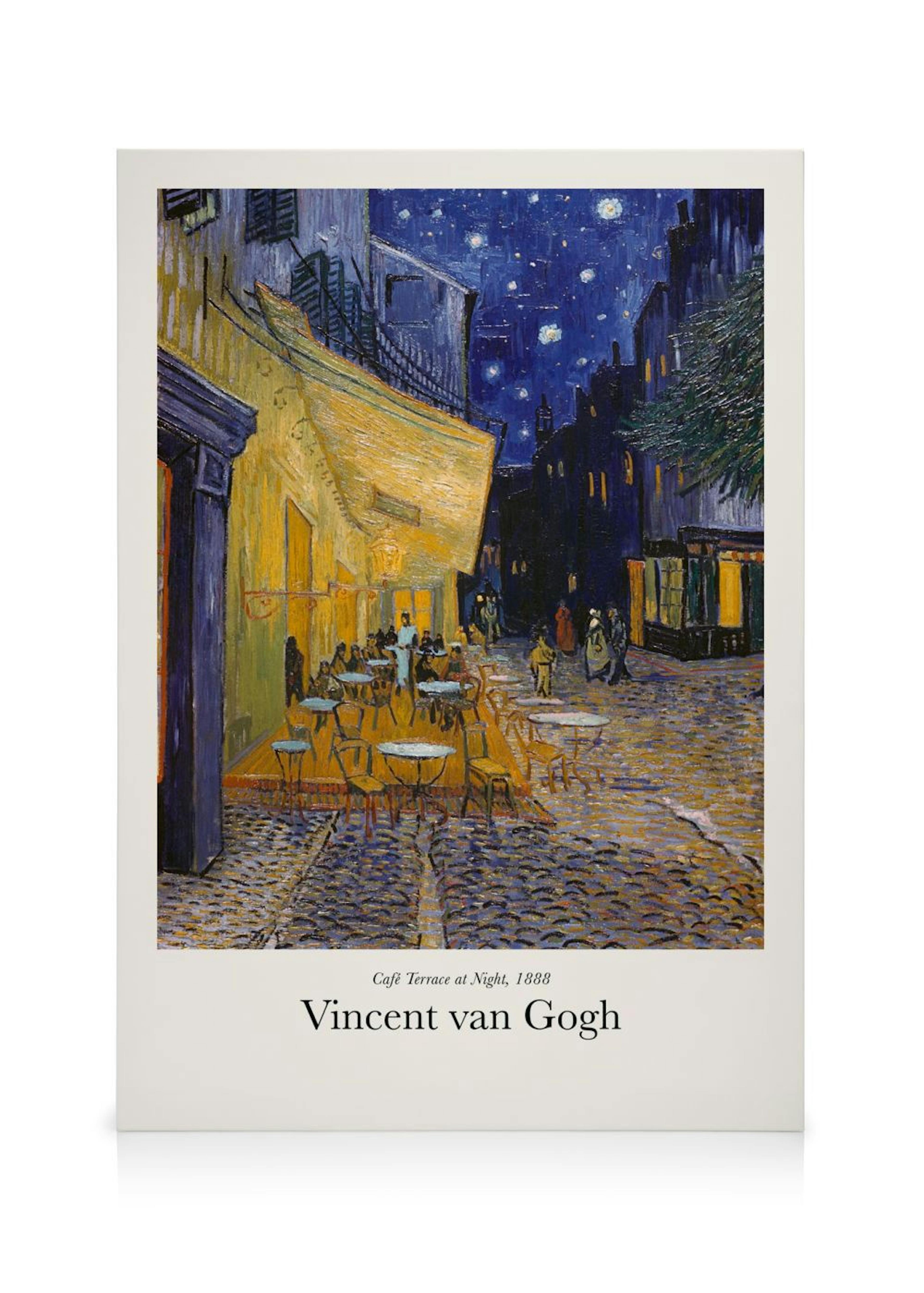 Leinwandbild von Van Goghs Caféterrasse bei Nacht mit leuchtend gelbem Café unter sternenklarem, blauem Himmel.