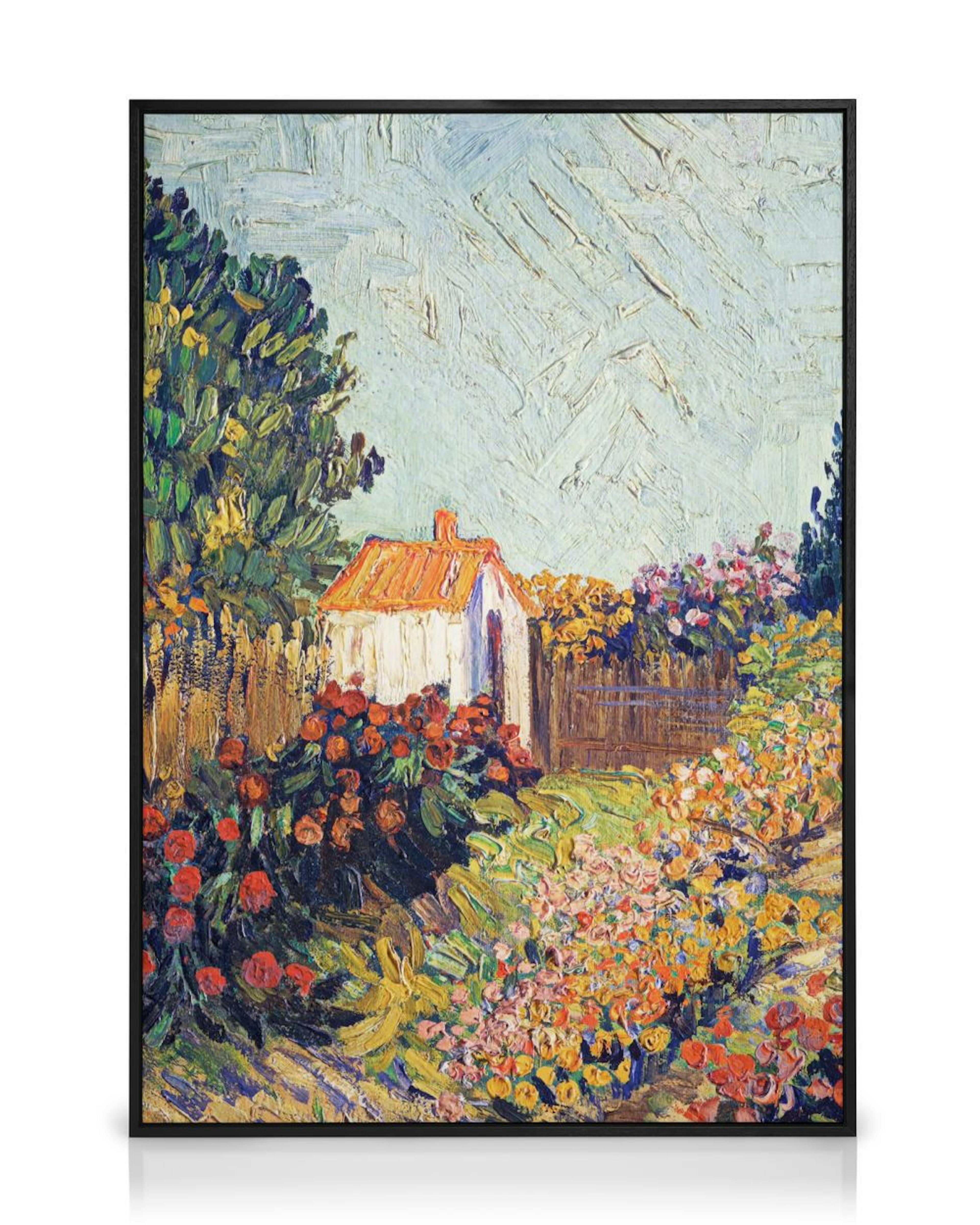 白い小屋と色とりどりの花々が咲き誇る庭園の油絵風キャンバス。
