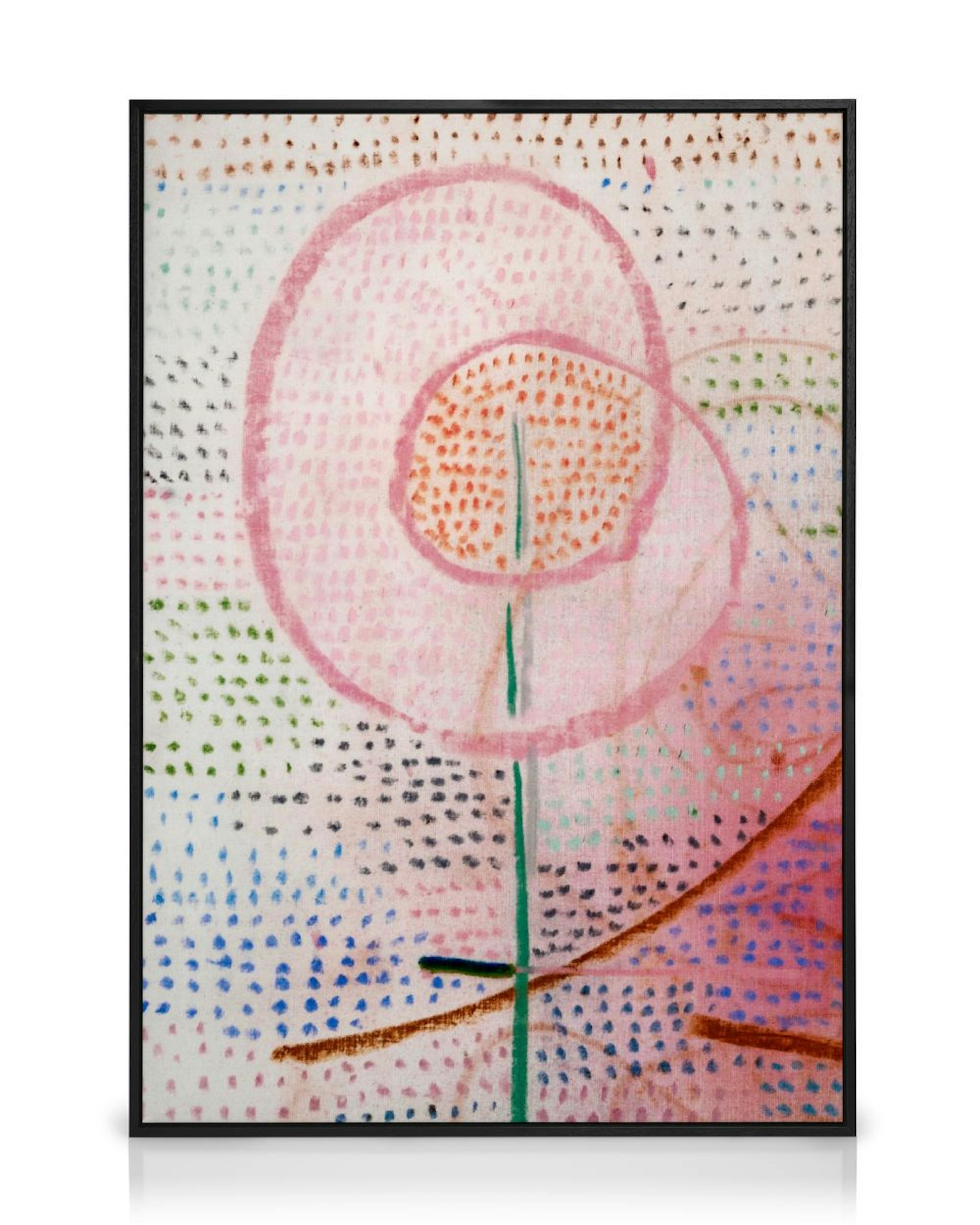 ピンクの円形とオレンジ色の斑点模様の花、緑の茎が特徴の抽象的な水彩画キャンバス。