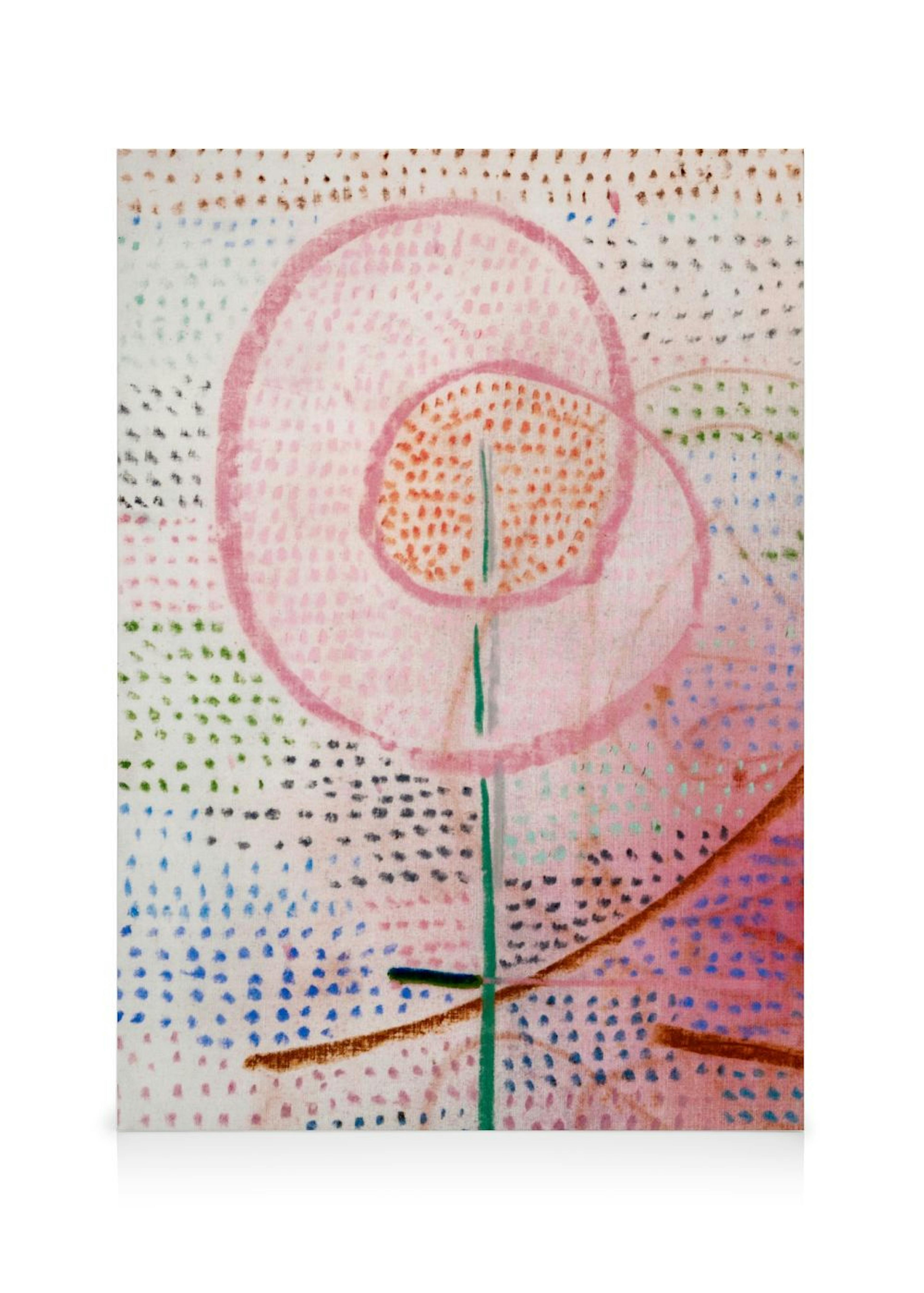 Toile abstraite avec formes circulaires roses, points colorés et lignes vertes, bleues et brunes.