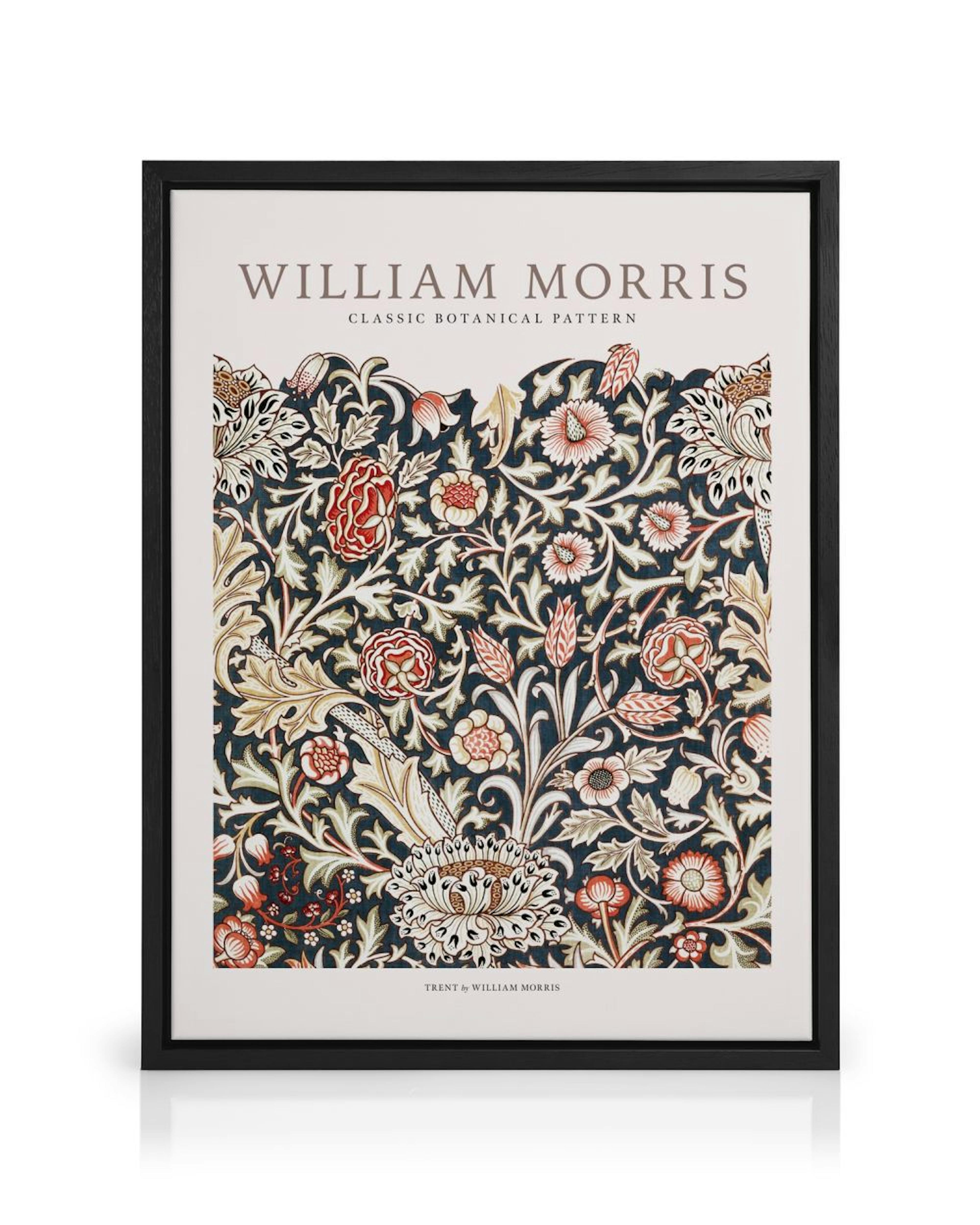 William Morris botanical pattern canvas with red, cream, and green flowers and leaves on a dark background.
