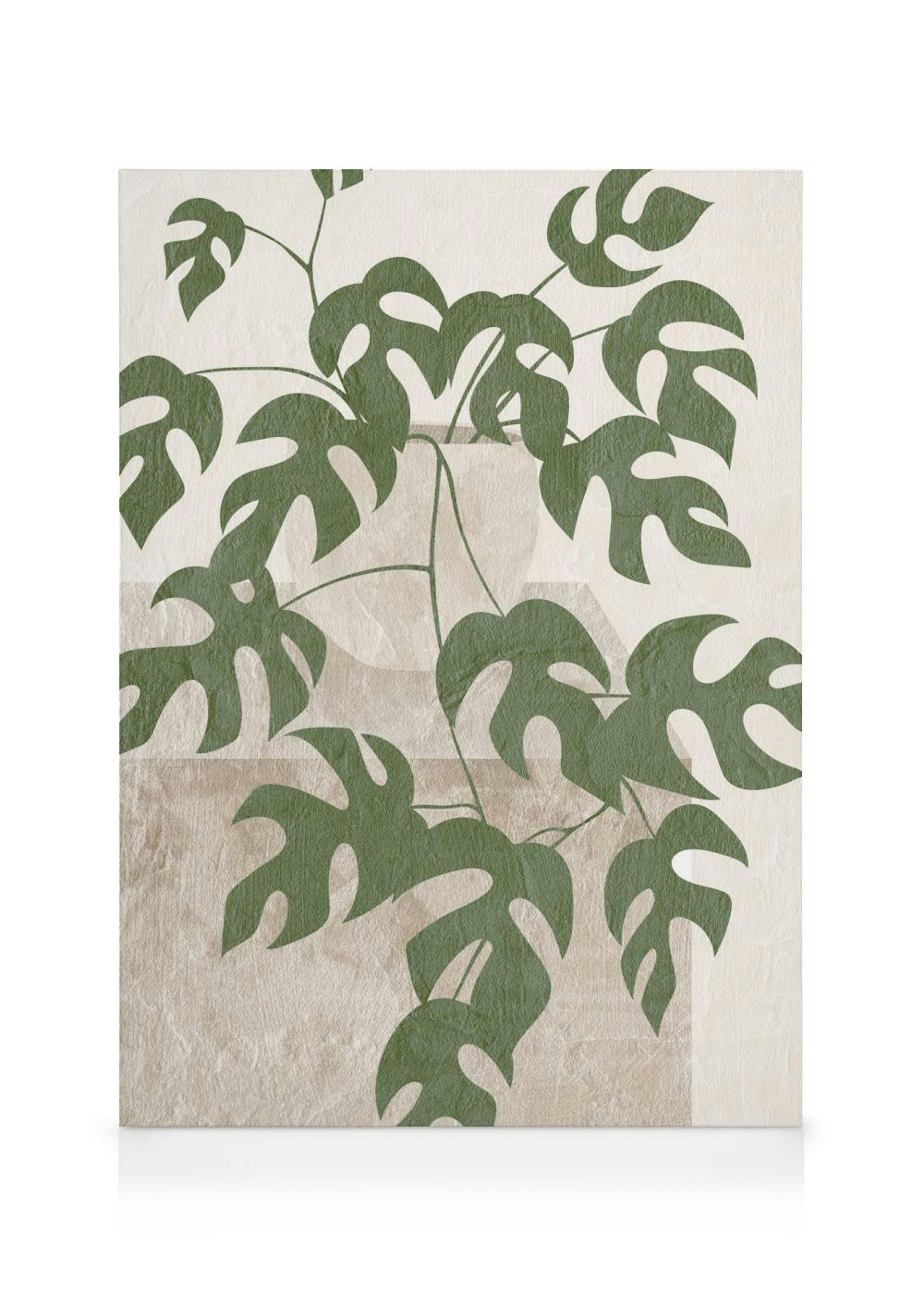 Leinwandbild mit dunkelgrünen Monstera-Blättern und Ranken auf einem hellbeigen Hintergrund mit strukturierten Beigetönen.