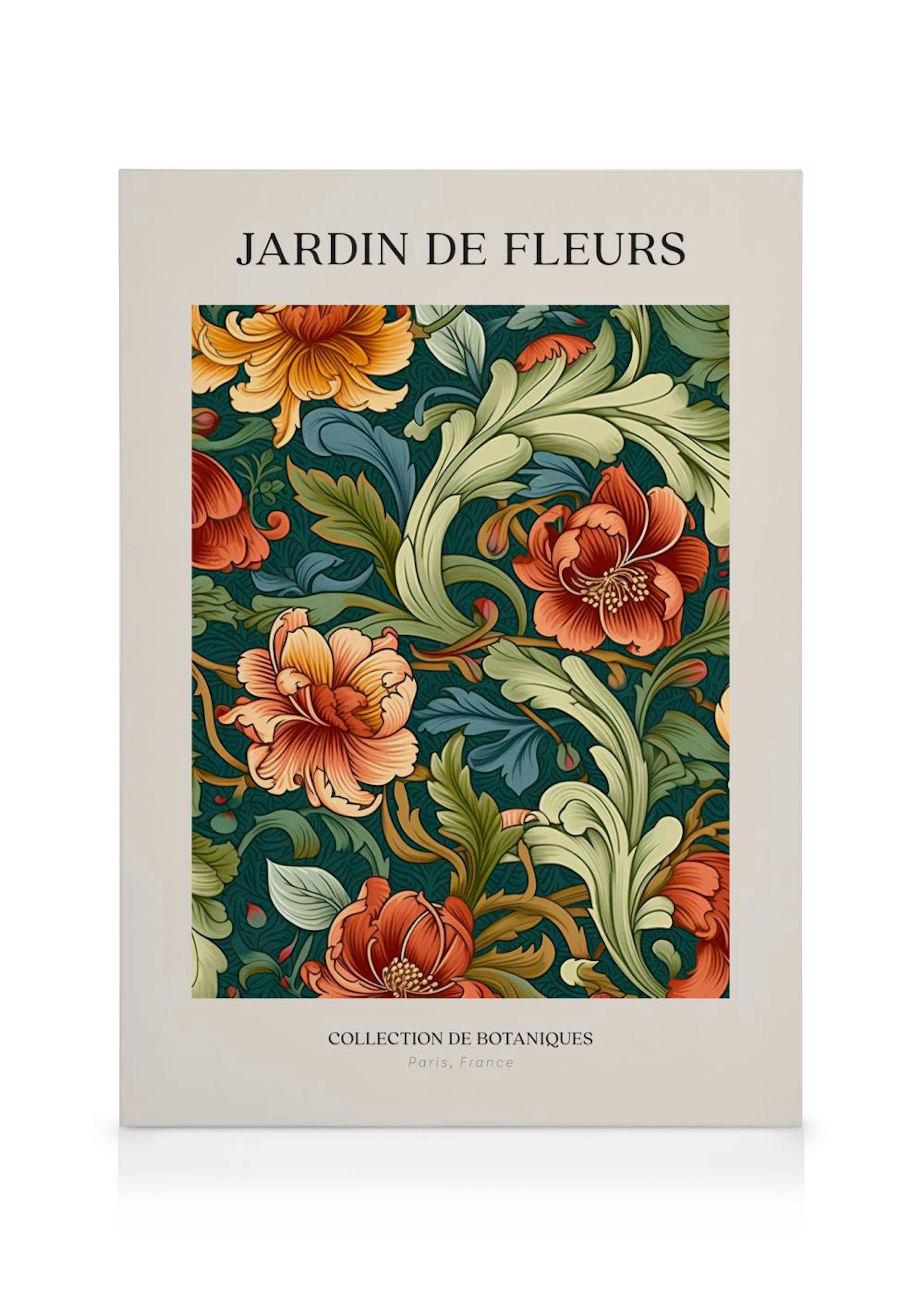 Canvastavla med mönster av röda och orange blommor samt gröna blad på mörkgrön bakgrund, med texten JARDIN DE FLEURS.