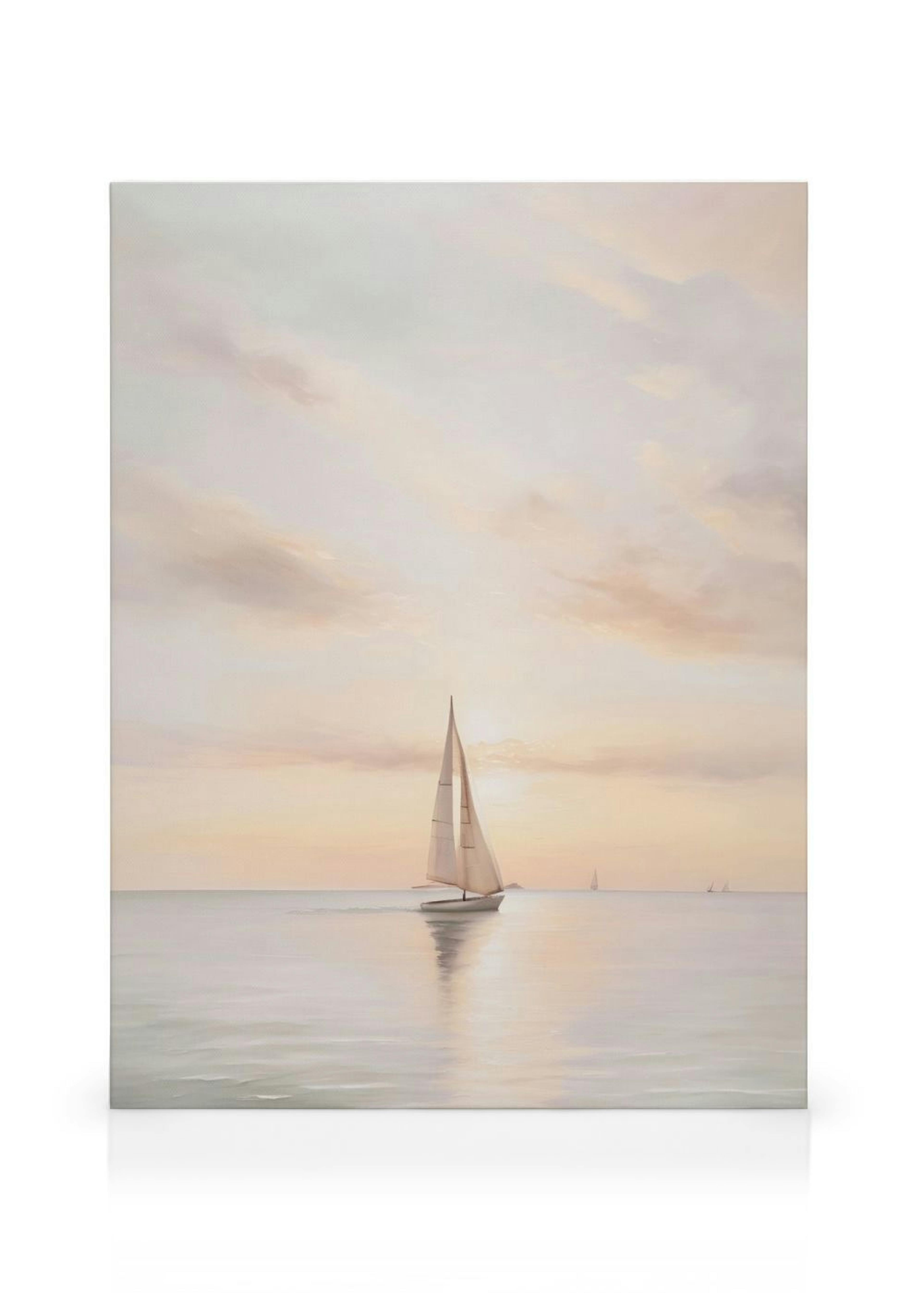 A serene seascape painting with a sailboat gliding on calm water under a pale, peachy sunset sky.